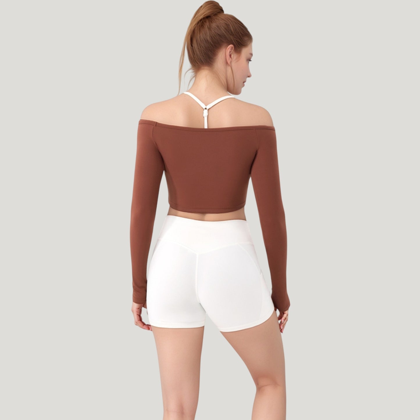 Anna-Kaci Active Women's Off Shoulder Long Sleeve Activewear Crop Top with Streamlined Fit and Lightweight Stretch Fabric