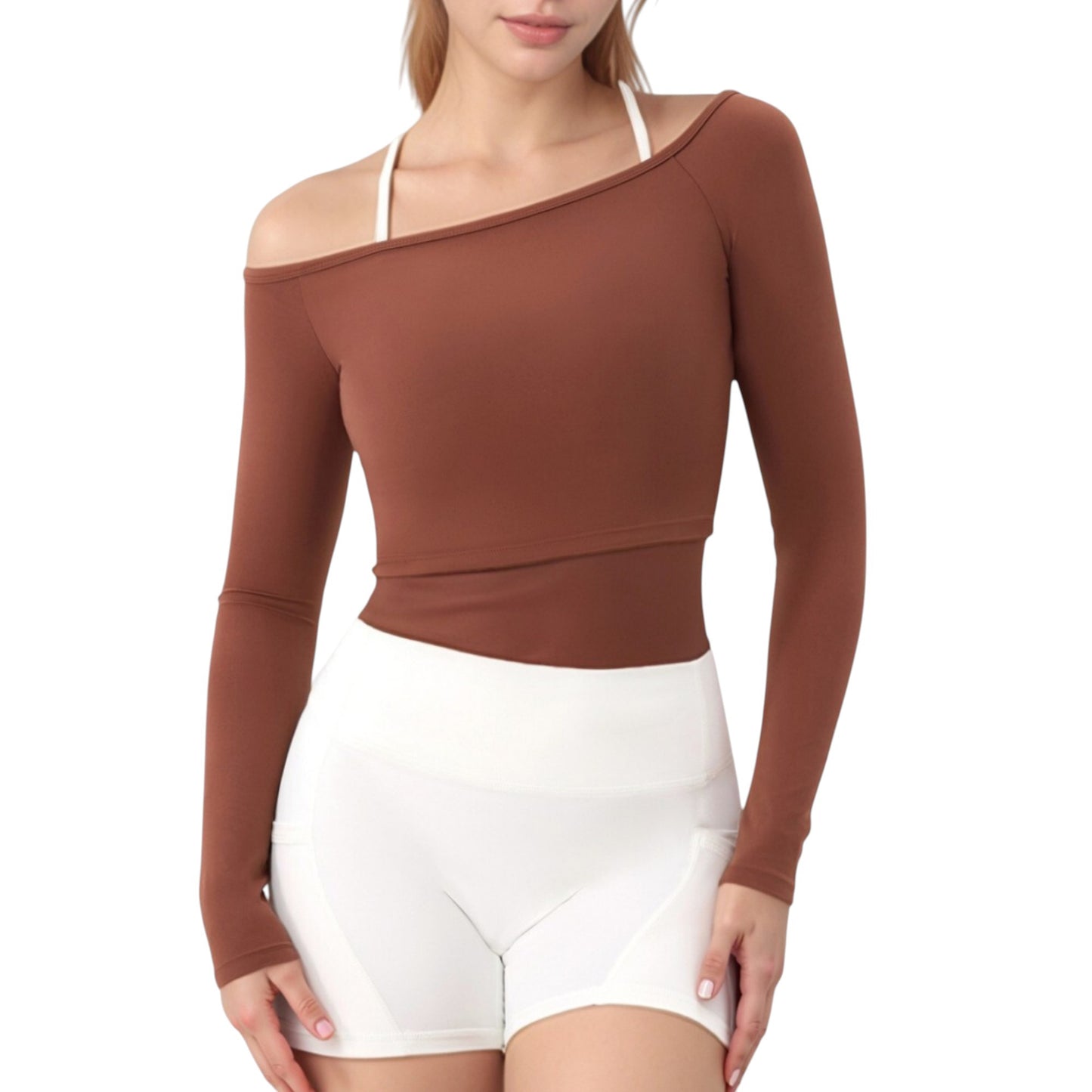 Anna-Kaci Active Women's Off Shoulder Long Sleeve Activewear Crop Top with Streamlined Fit and Lightweight Stretch Fabric