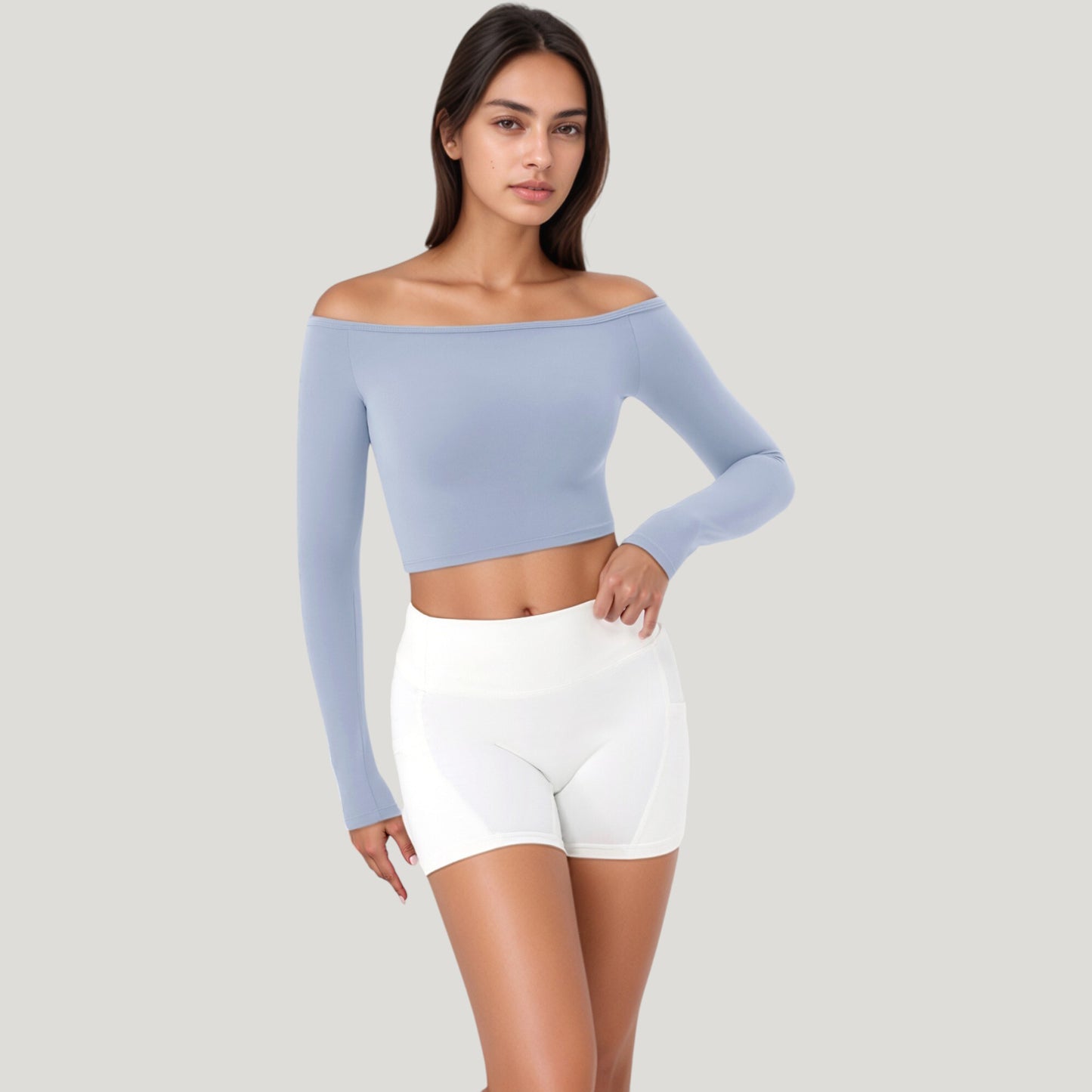 Anna-Kaci Active Women's Off Shoulder Long Sleeve Activewear Crop Top with Streamlined Fit and Lightweight Stretch Fabric