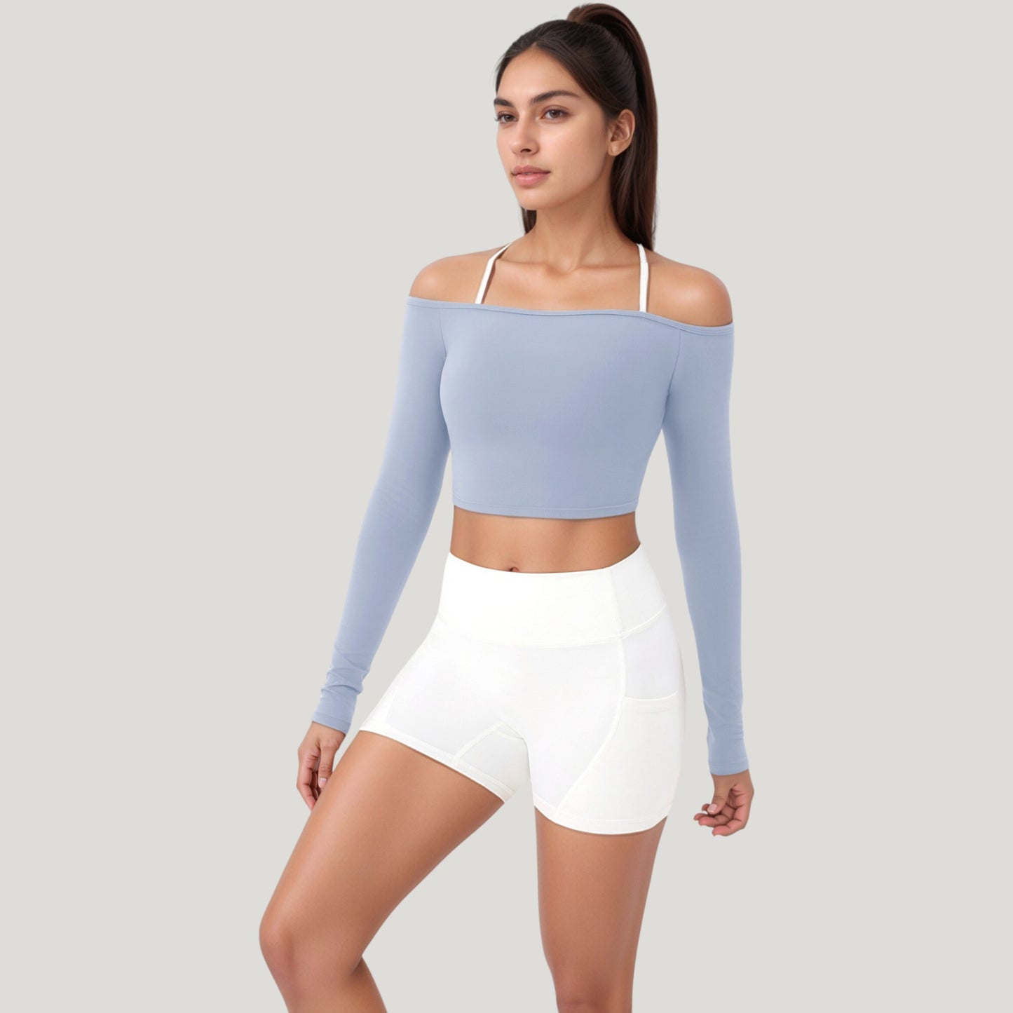 Anna-Kaci Active Women's Off Shoulder Long Sleeve Activewear Crop Top with Streamlined Fit and Lightweight Stretch Fabric