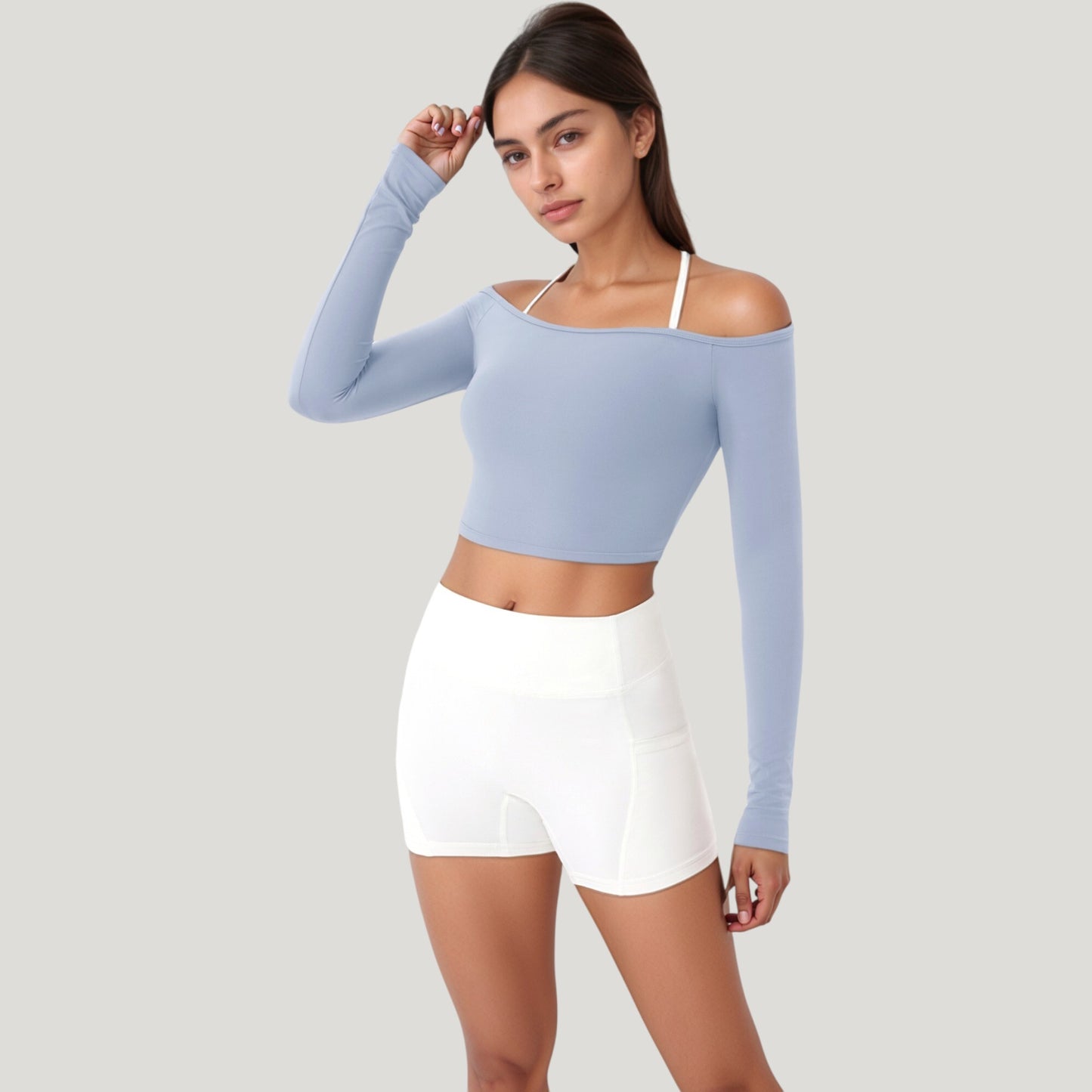 Anna-Kaci Active Women's Off Shoulder Long Sleeve Activewear Crop Top with Streamlined Fit and Lightweight Stretch Fabric