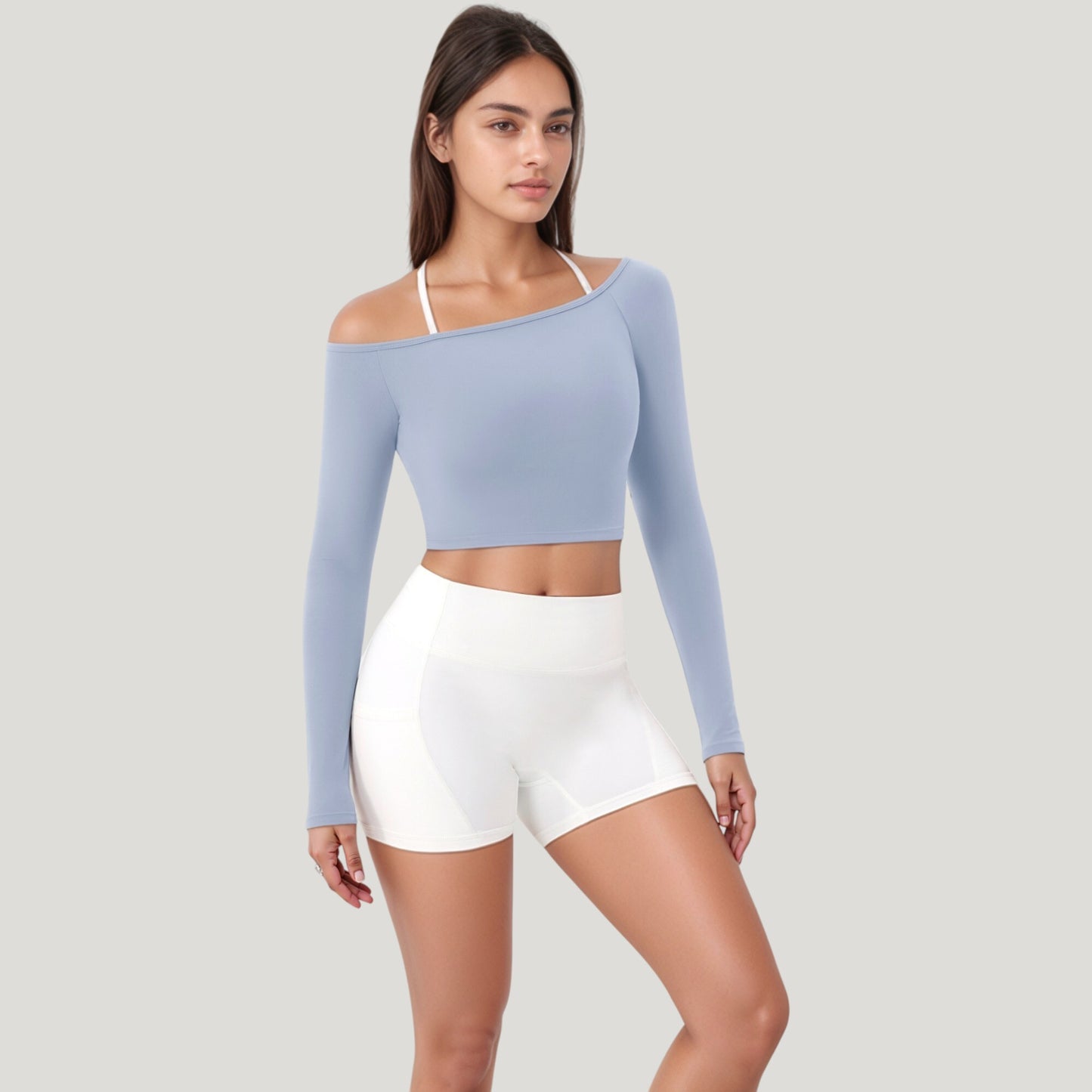 Anna-Kaci Active Women's Off Shoulder Long Sleeve Activewear Crop Top with Streamlined Fit and Lightweight Stretch Fabric