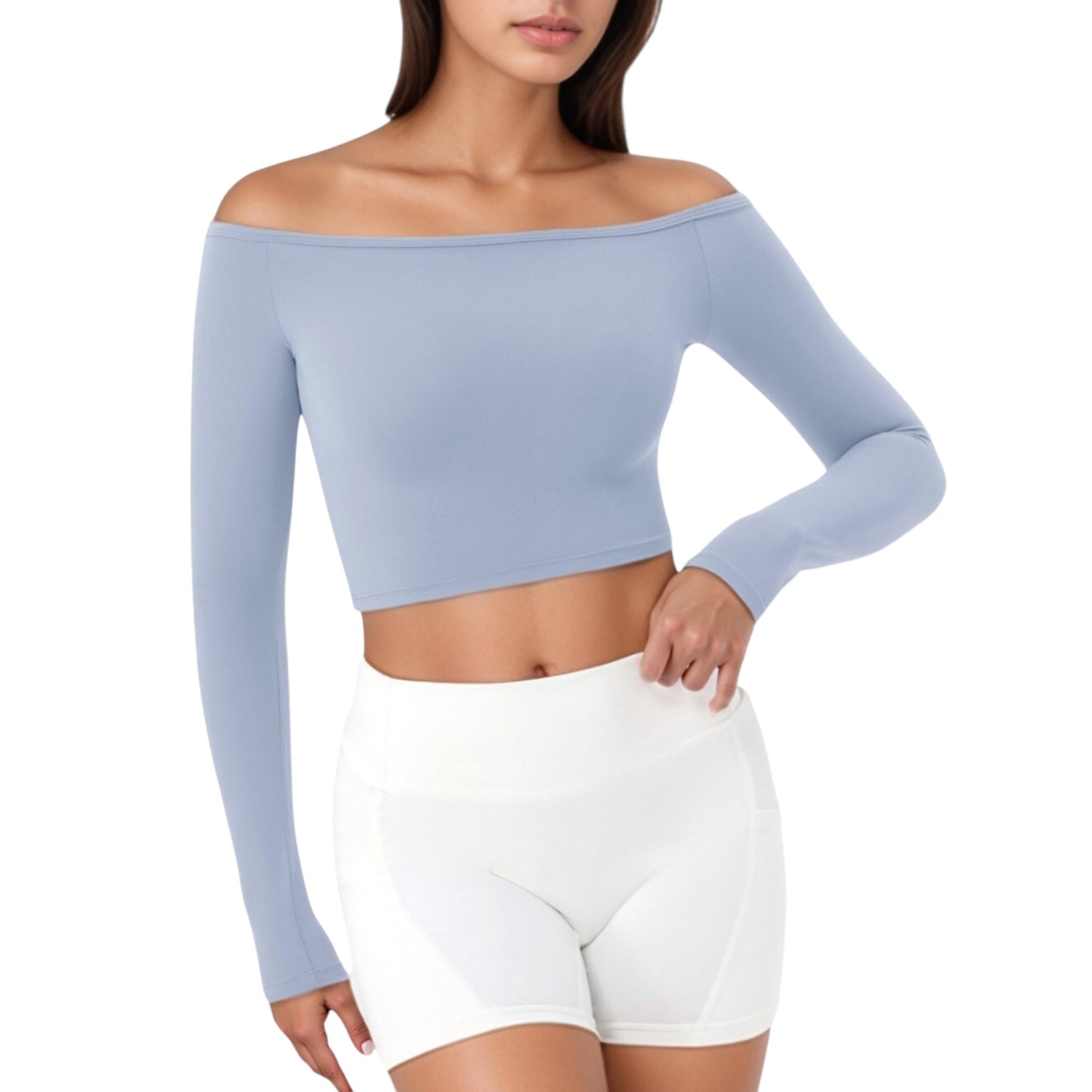 Anna-Kaci Active Women's Off Shoulder Long Sleeve Activewear Crop Top with Streamlined Fit and Lightweight Stretch Fabric