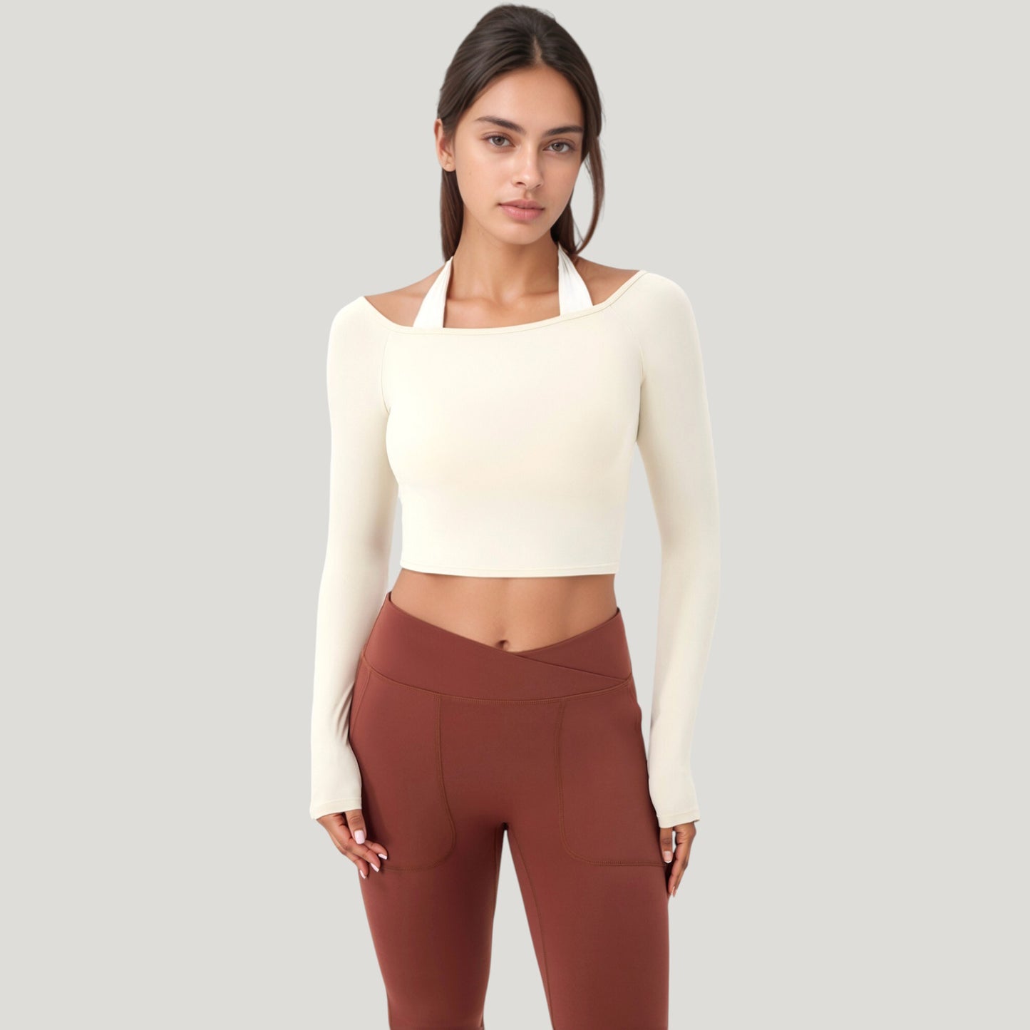Anna-Kaci Active Women's Off Shoulder Long Sleeve Activewear Crop Top with Streamlined Fit and Lightweight Stretch Fabric