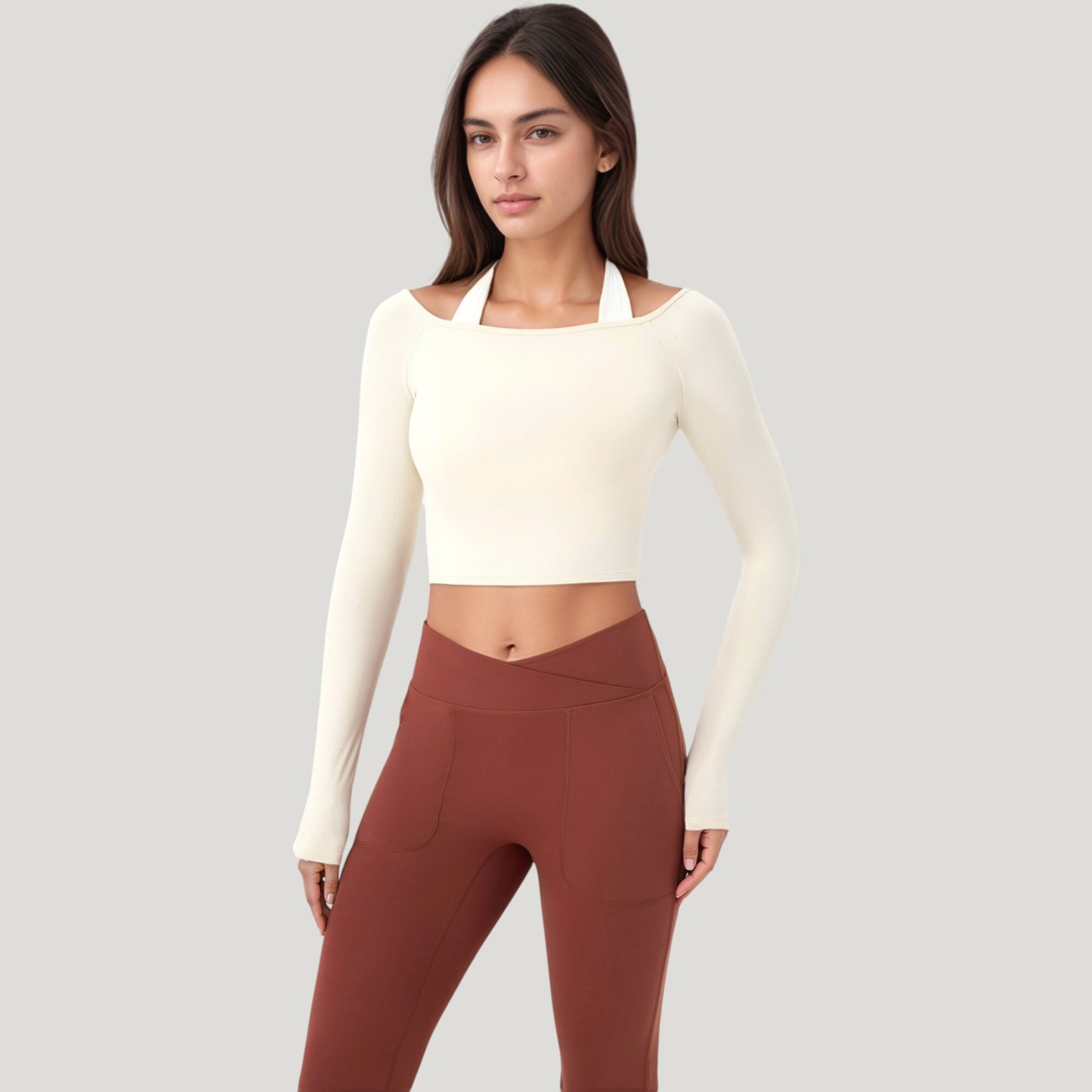 Anna-Kaci Active Women's Off Shoulder Long Sleeve Activewear Crop Top with Streamlined Fit and Lightweight Stretch Fabric