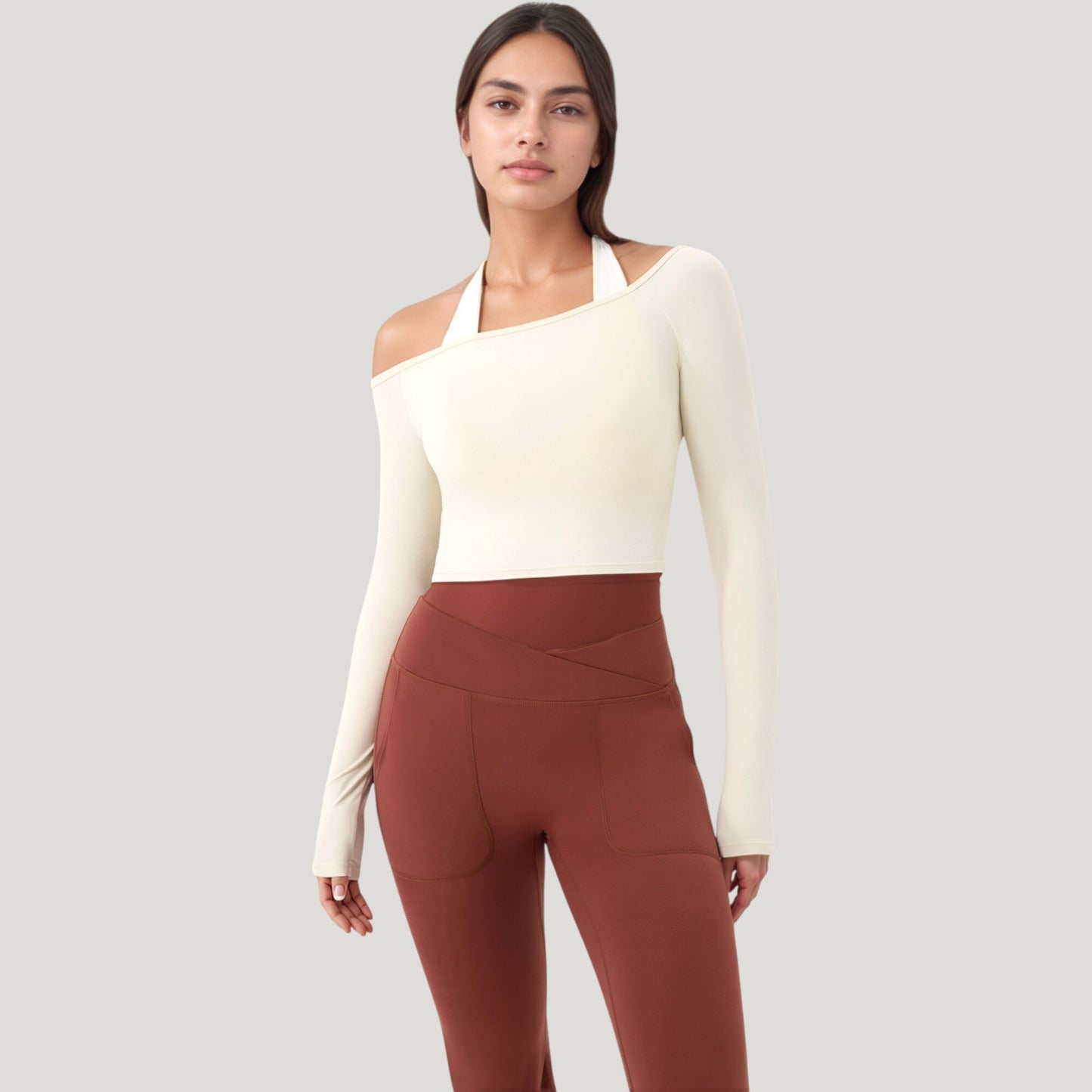 Anna-Kaci Active Women's Off Shoulder Long Sleeve Activewear Crop Top with Streamlined Fit and Lightweight Stretch Fabric