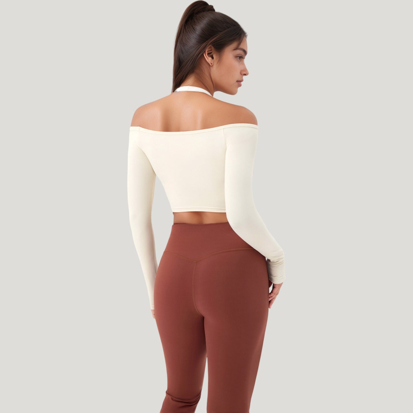 Anna-Kaci Active Women's Off Shoulder Long Sleeve Activewear Crop Top with Streamlined Fit and Lightweight Stretch Fabric