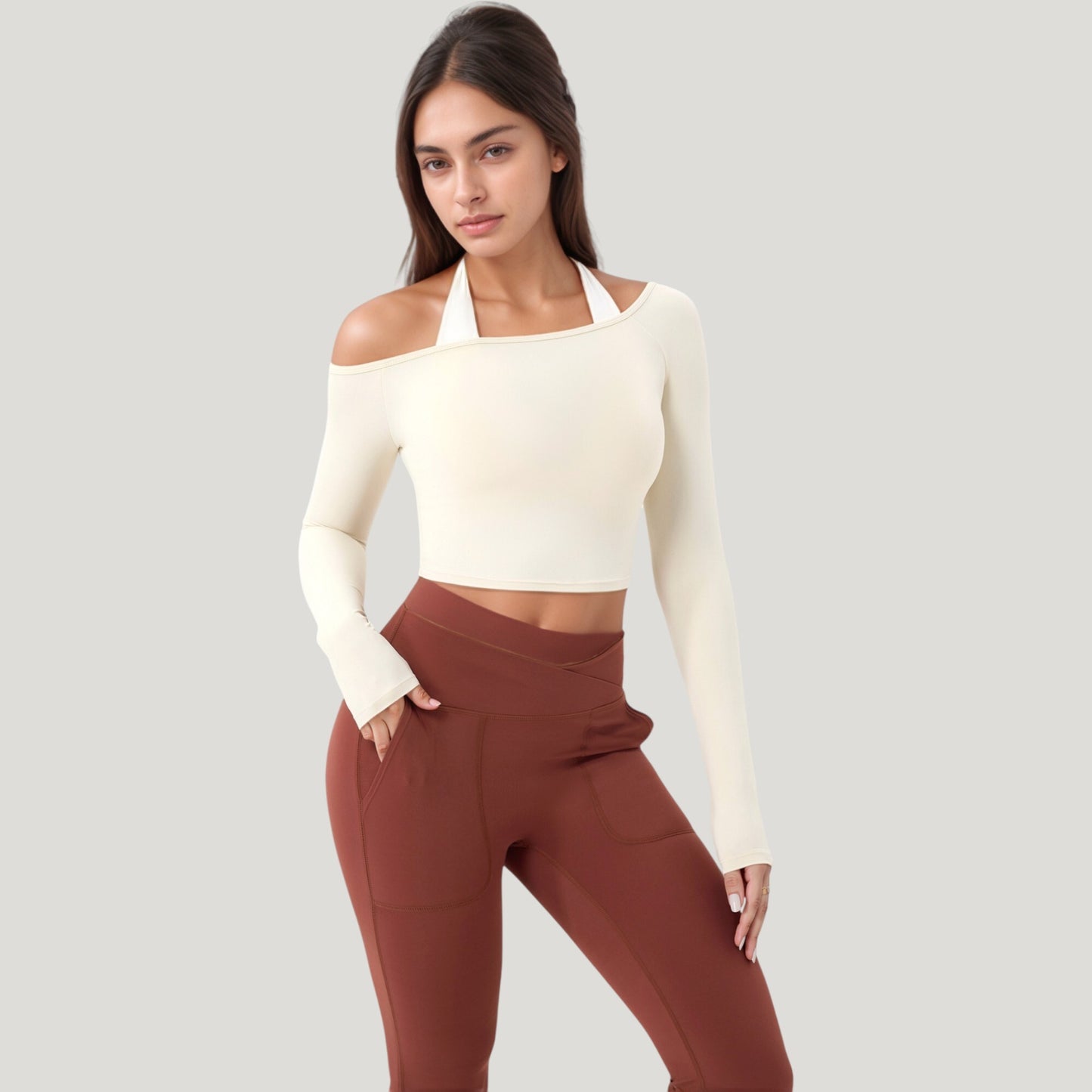 Anna-Kaci Active Women's Off Shoulder Long Sleeve Activewear Crop Top with Streamlined Fit and Lightweight Stretch Fabric