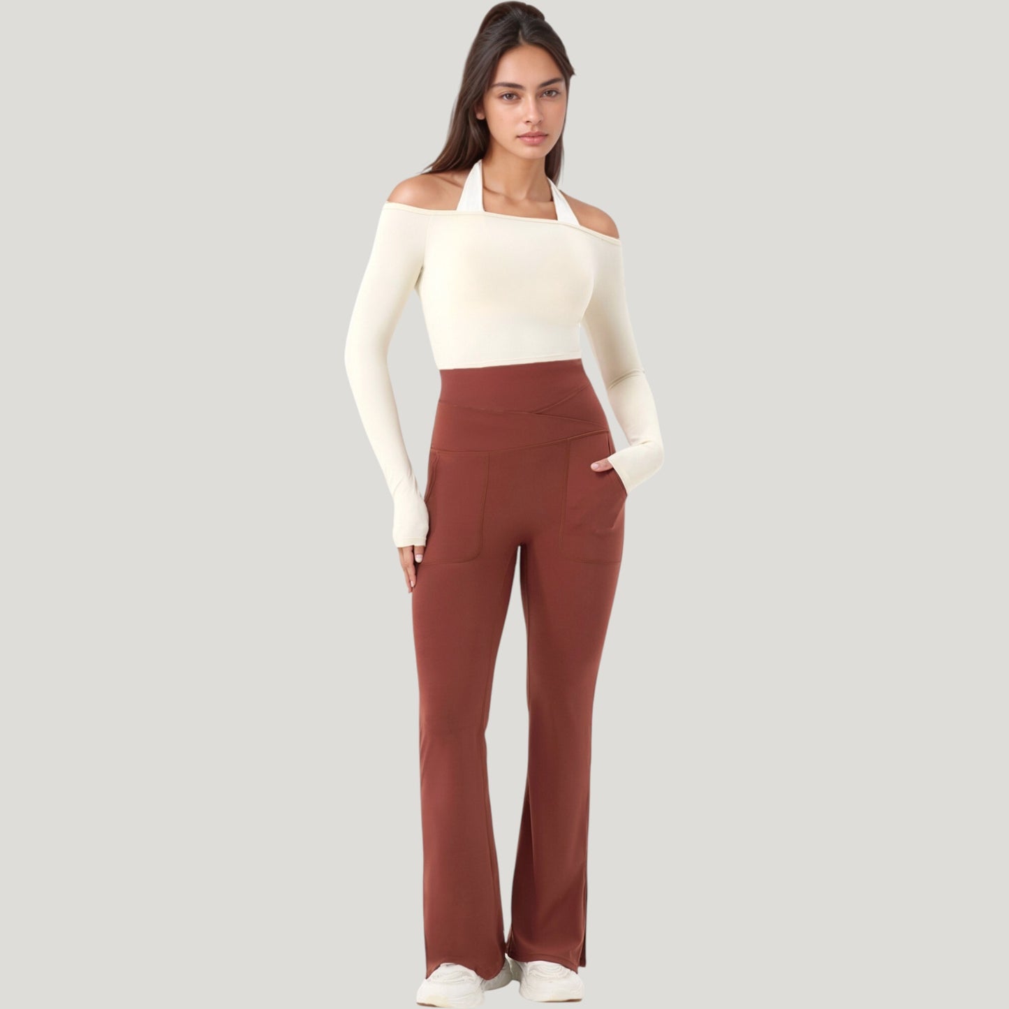Anna-Kaci Active Women's Off Shoulder Long Sleeve Activewear Crop Top with Streamlined Fit and Lightweight Stretch Fabric