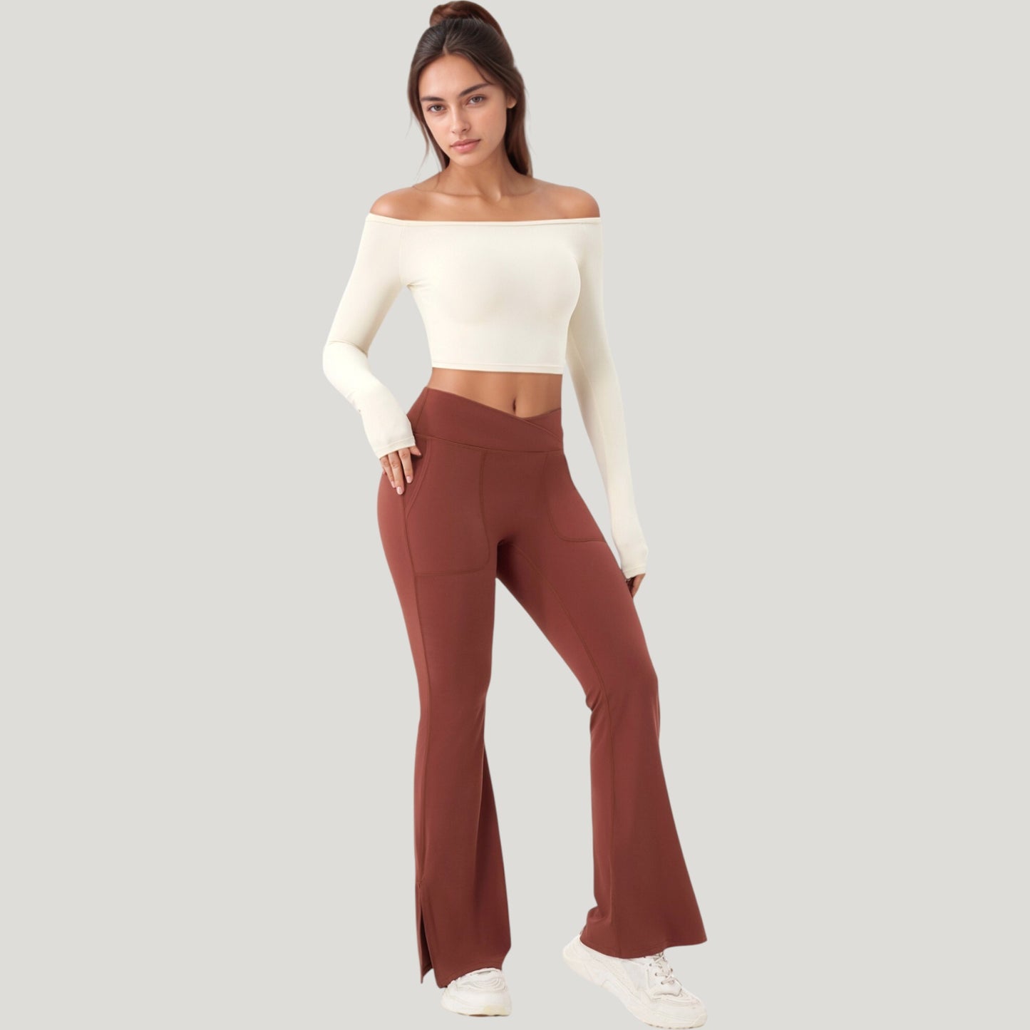 Anna-Kaci Active Women's Off Shoulder Long Sleeve Activewear Crop Top with Streamlined Fit and Lightweight Stretch Fabric
