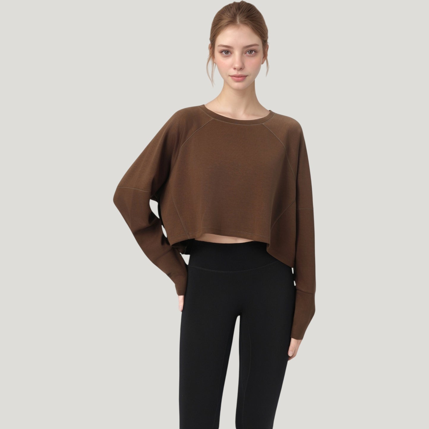 Anna-Kaci Active Women's Cropped Long Sleeve Active Top with Relaxed Fit and Crew Neck
