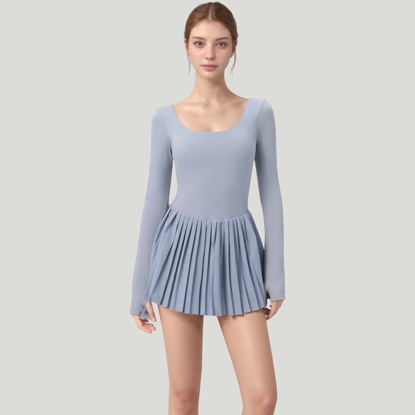 Anna-Kaci Active Women's Long Sleeve Pleated Skirt Active Dress with Scoop Neckline