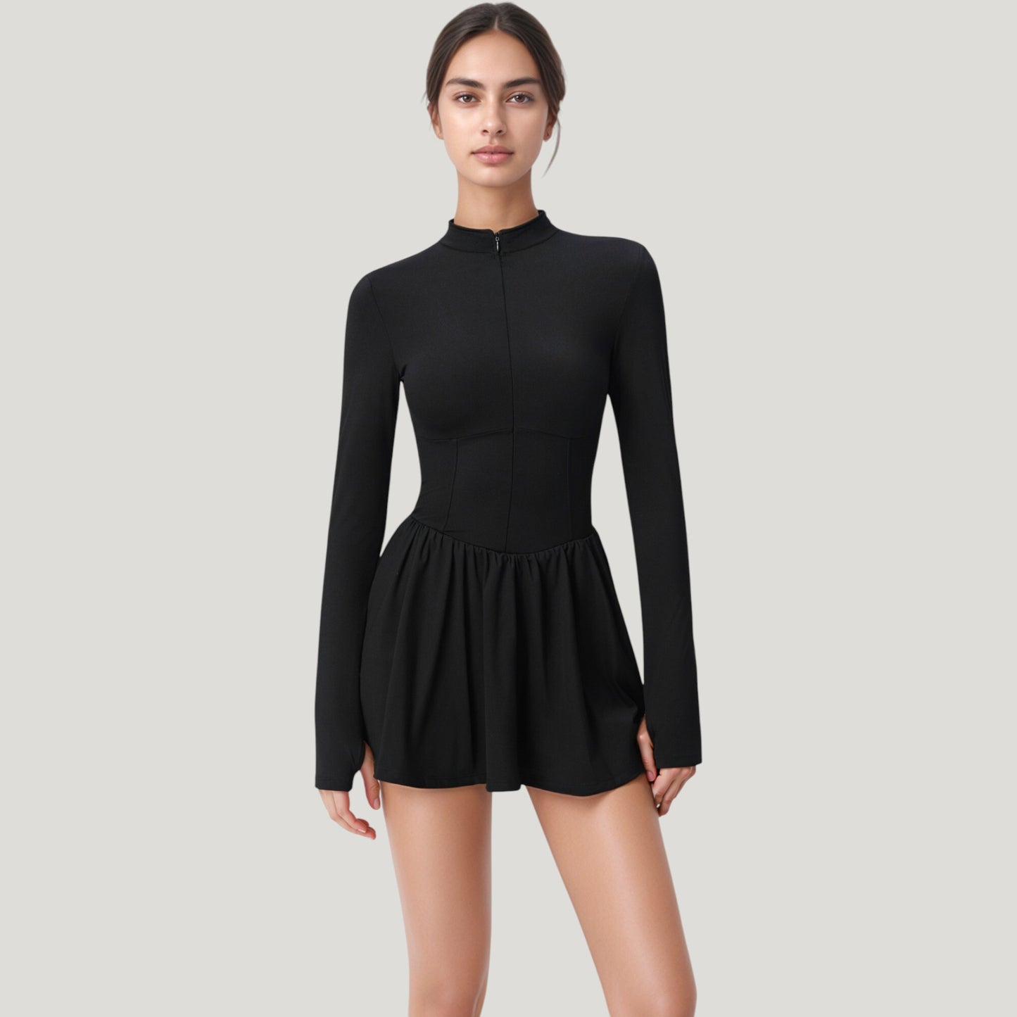 Anna-Kaci Active Women's Long Sleeve Athletic Dress with Front Zip and Flowy Skirt