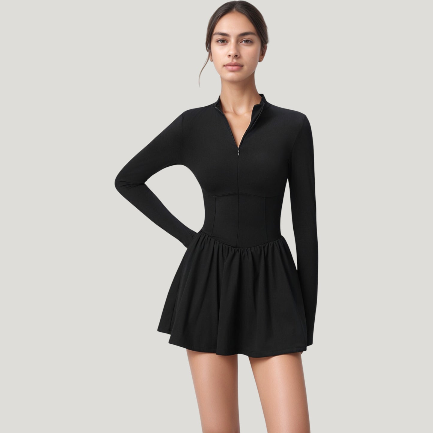 Anna-Kaci Active Women's Long Sleeve Athletic Dress with Front Zip and Flowy Skirt