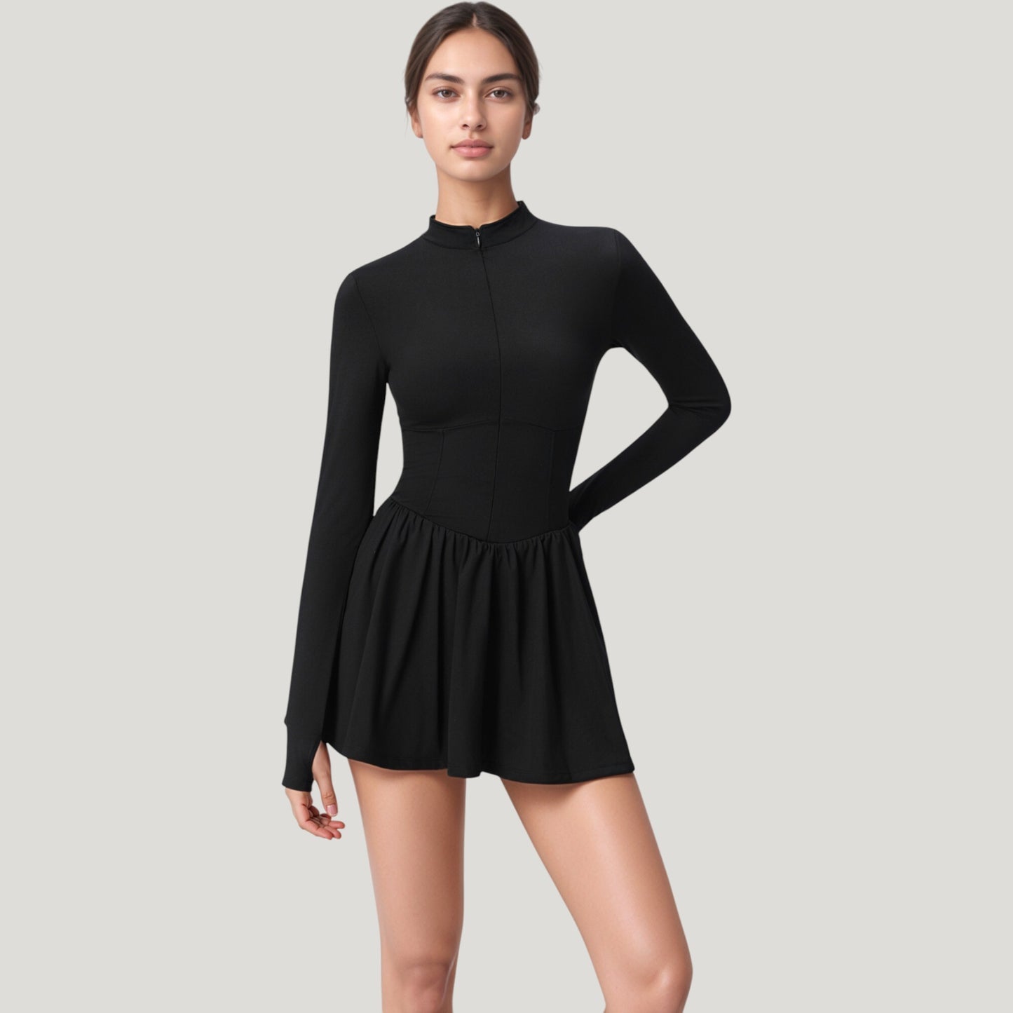 Anna-Kaci Active Women's Long Sleeve Athletic Dress with Front Zip and Flowy Skirt