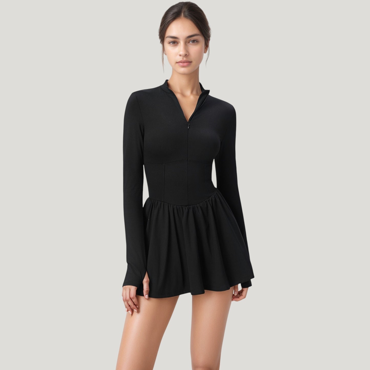 Anna-Kaci Active Women's Long Sleeve Athletic Dress with Front Zip and Flowy Skirt