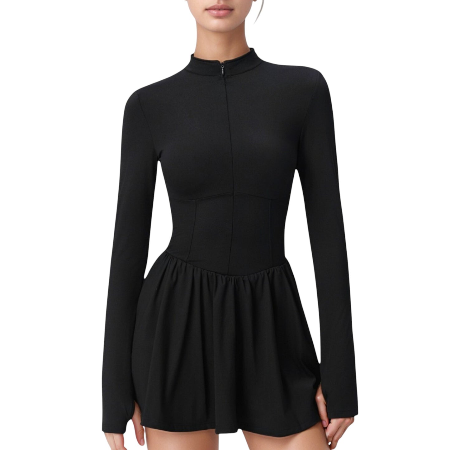 Anna-Kaci Active Women's Long Sleeve Athletic Dress with Front Zip and Flowy Skirt