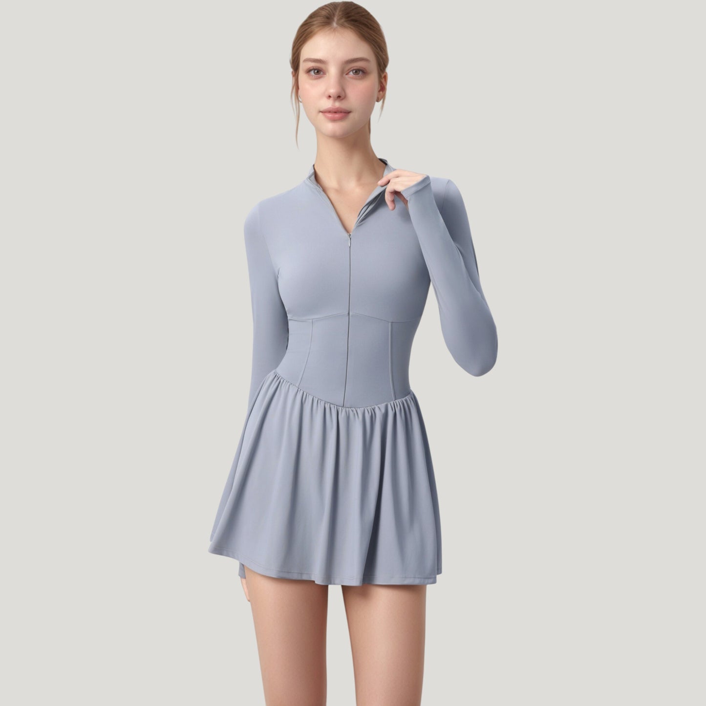 Anna-Kaci Active Women's Long Sleeve Athletic Dress with Front Zip and Flowy Skirt