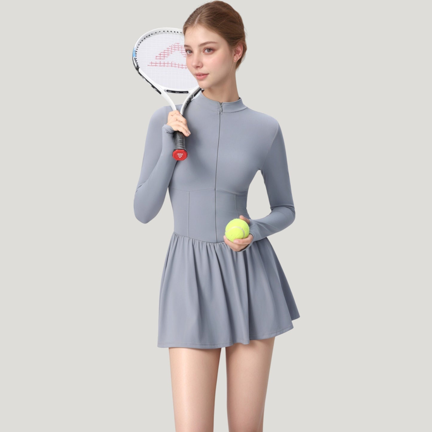 Anna-Kaci Active Women's Long Sleeve Athletic Dress with Front Zip and Flowy Skirt