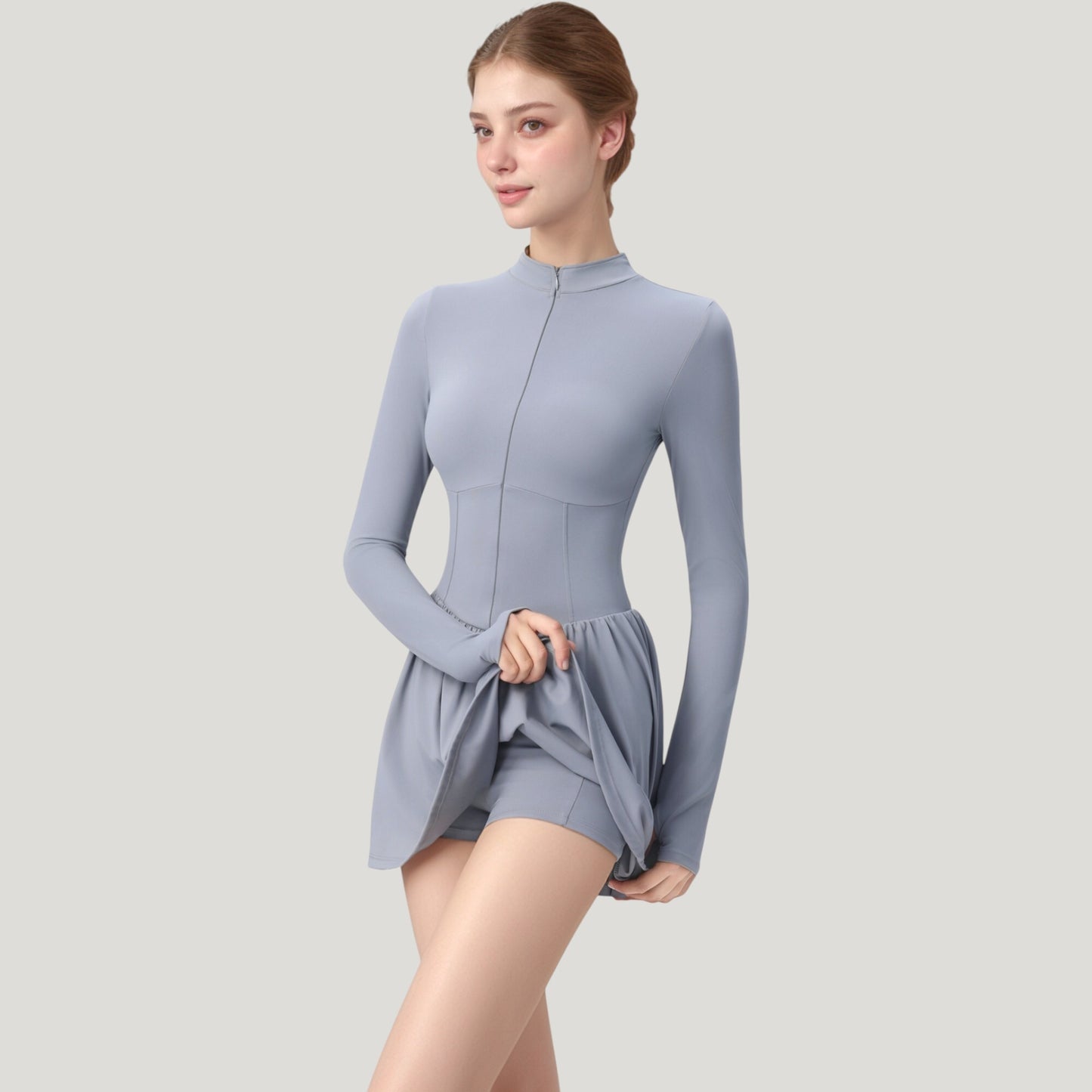 Anna-Kaci Active Women's Long Sleeve Athletic Dress with Front Zip and Flowy Skirt