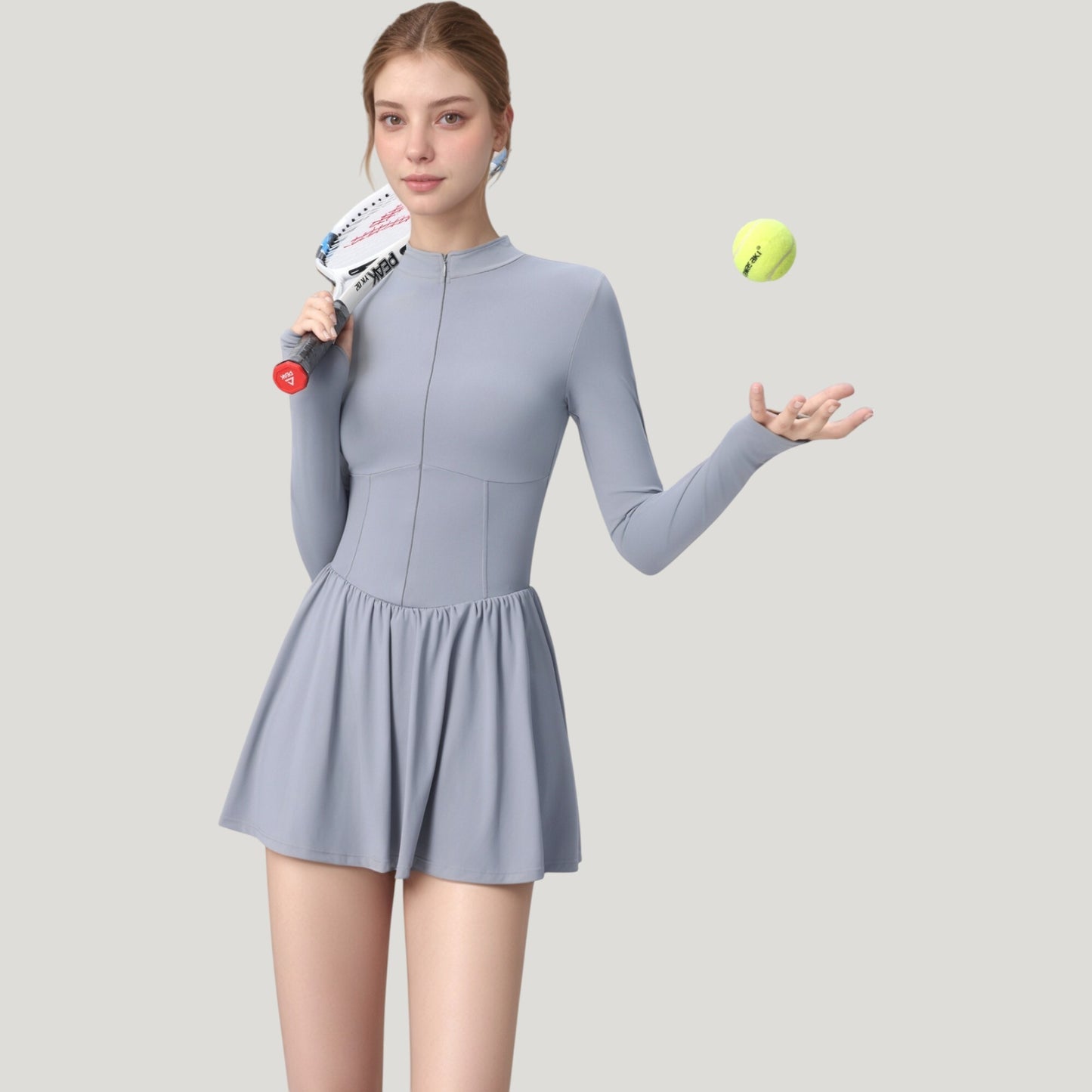 Anna-Kaci Active Women's Long Sleeve Athletic Dress with Front Zip and Flowy Skirt