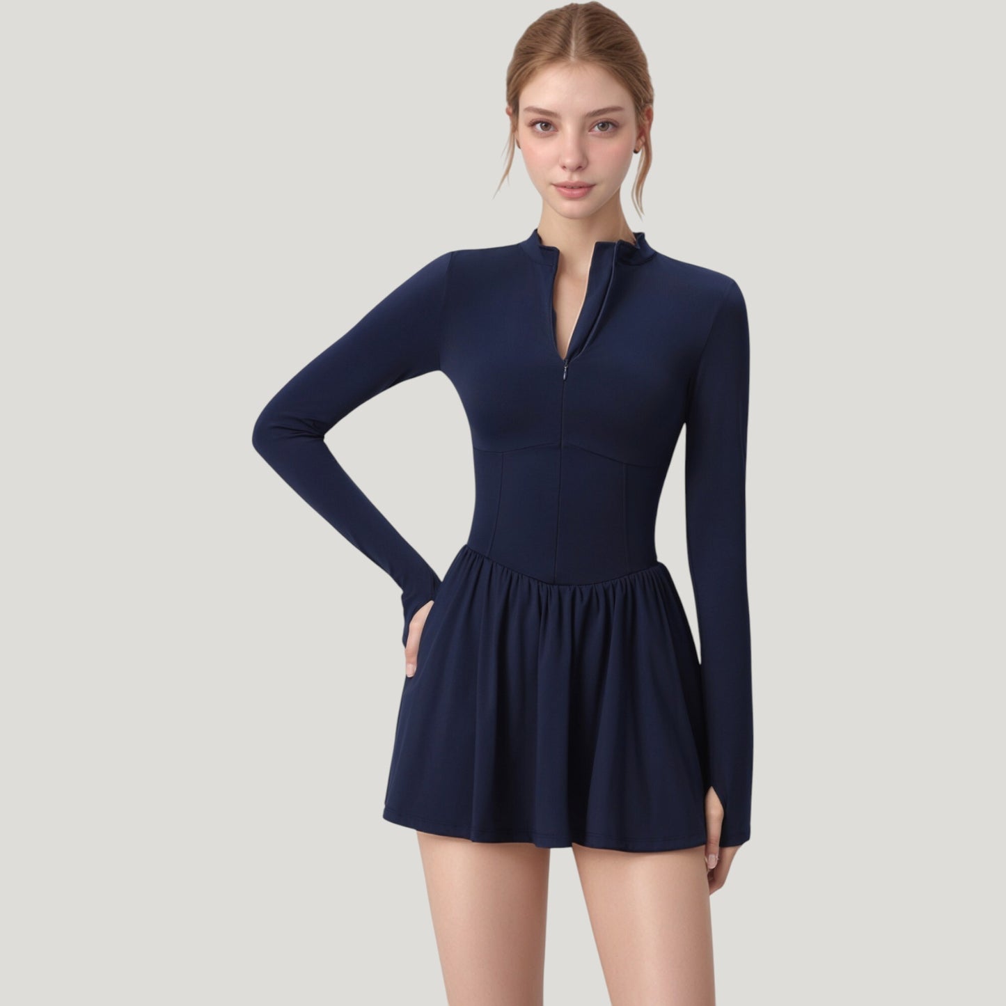 Anna-Kaci Active Women's Long Sleeve Athletic Dress with Front Zip and Flowy Skirt