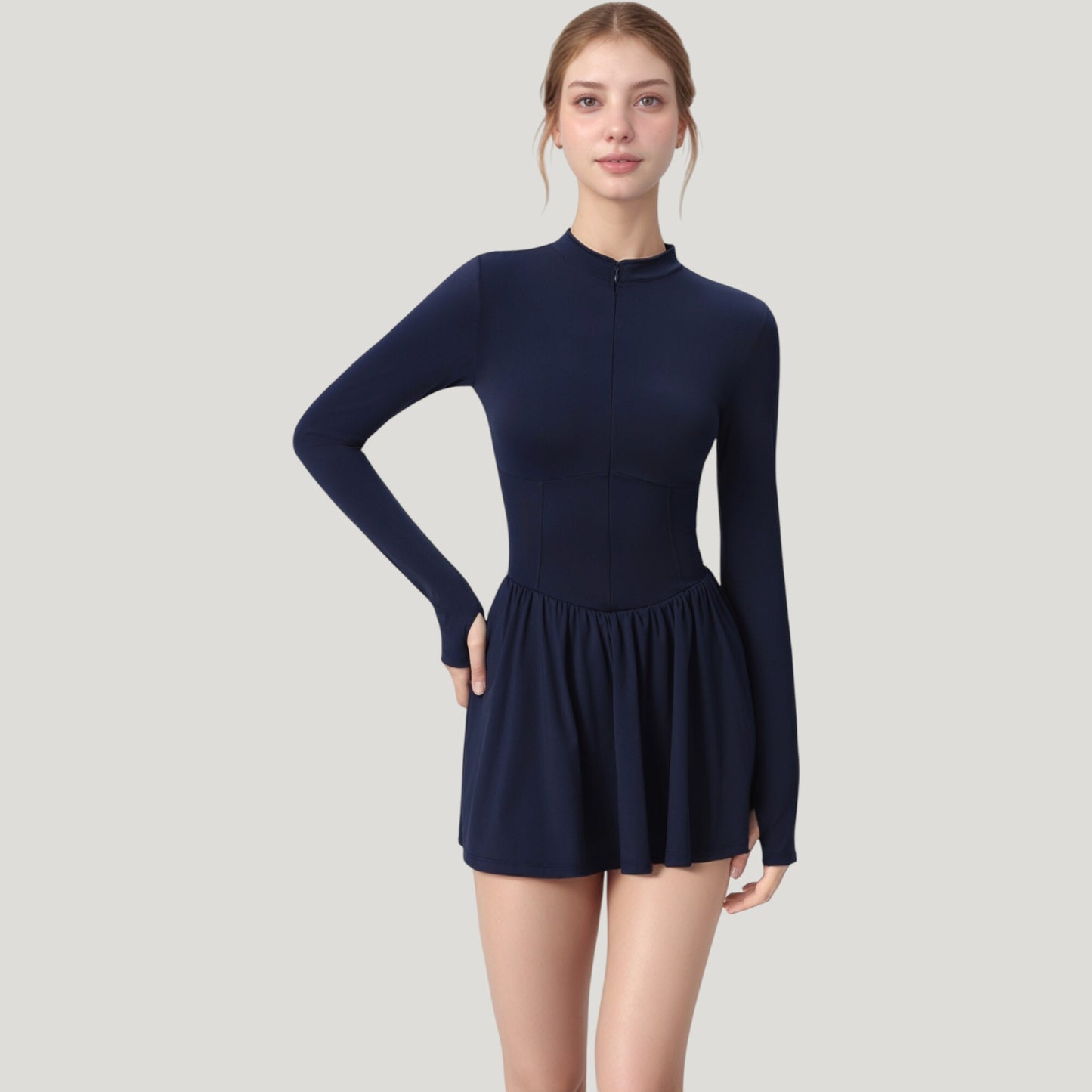 Anna-Kaci Active Women's Long Sleeve Athletic Dress with Front Zip and Flowy Skirt