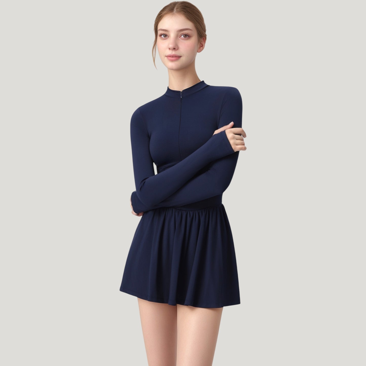 Anna-Kaci Active Women's Long Sleeve Athletic Dress with Front Zip and Flowy Skirt