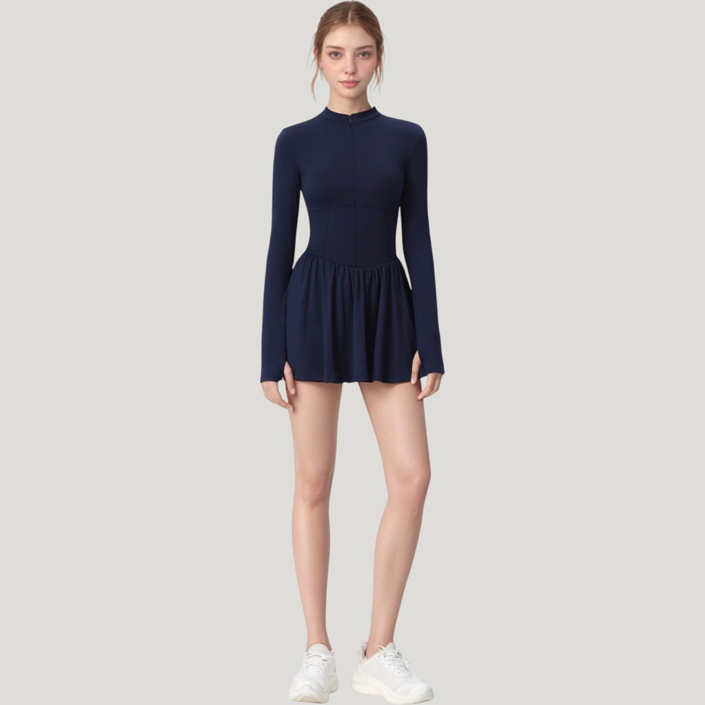 Anna-Kaci Active Women's Long Sleeve Athletic Dress with Front Zip and Flowy Skirt