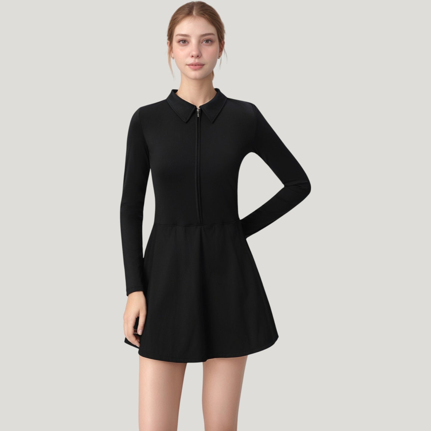 Anna-Kaci Active Women's Long Sleeve Active Dress with Zip Front Closure and Pointed Collar