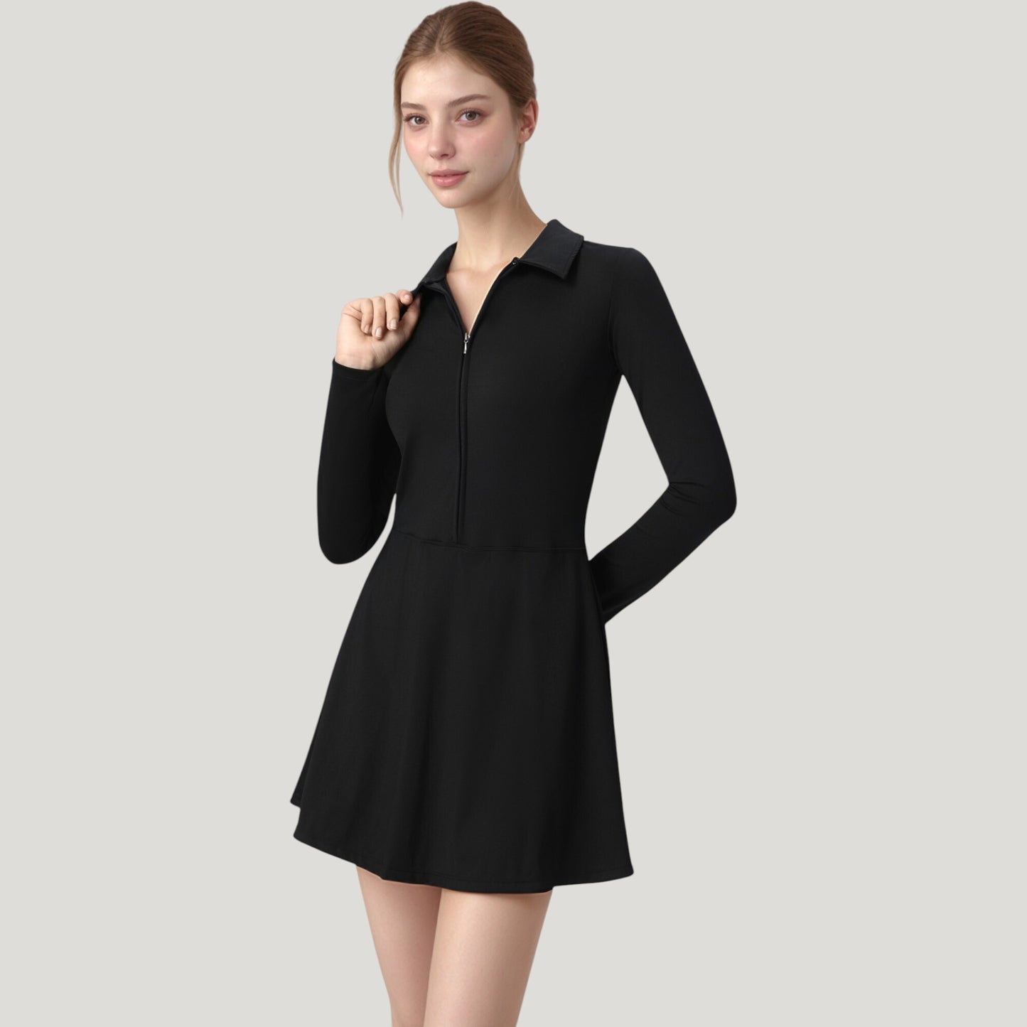 Anna-Kaci Active Women's Long Sleeve Active Dress with Zip Front Closure and Pointed Collar