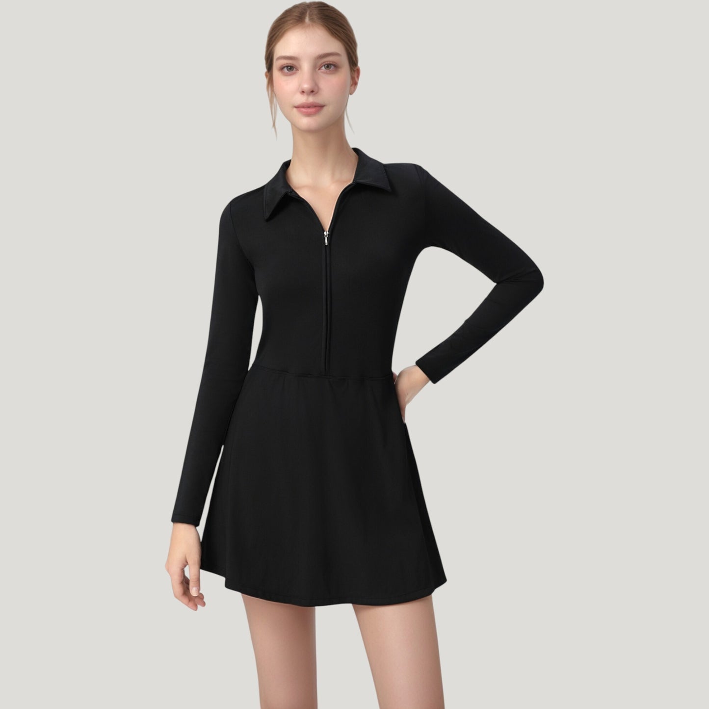 Anna-Kaci Active Women's Long Sleeve Active Dress with Zip Front Closure and Pointed Collar