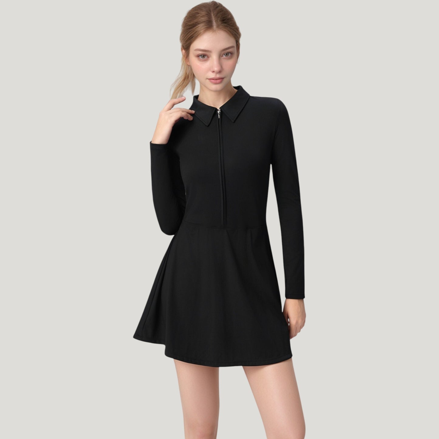 Anna-Kaci Active Women's Long Sleeve Active Dress with Zip Front Closure and Pointed Collar