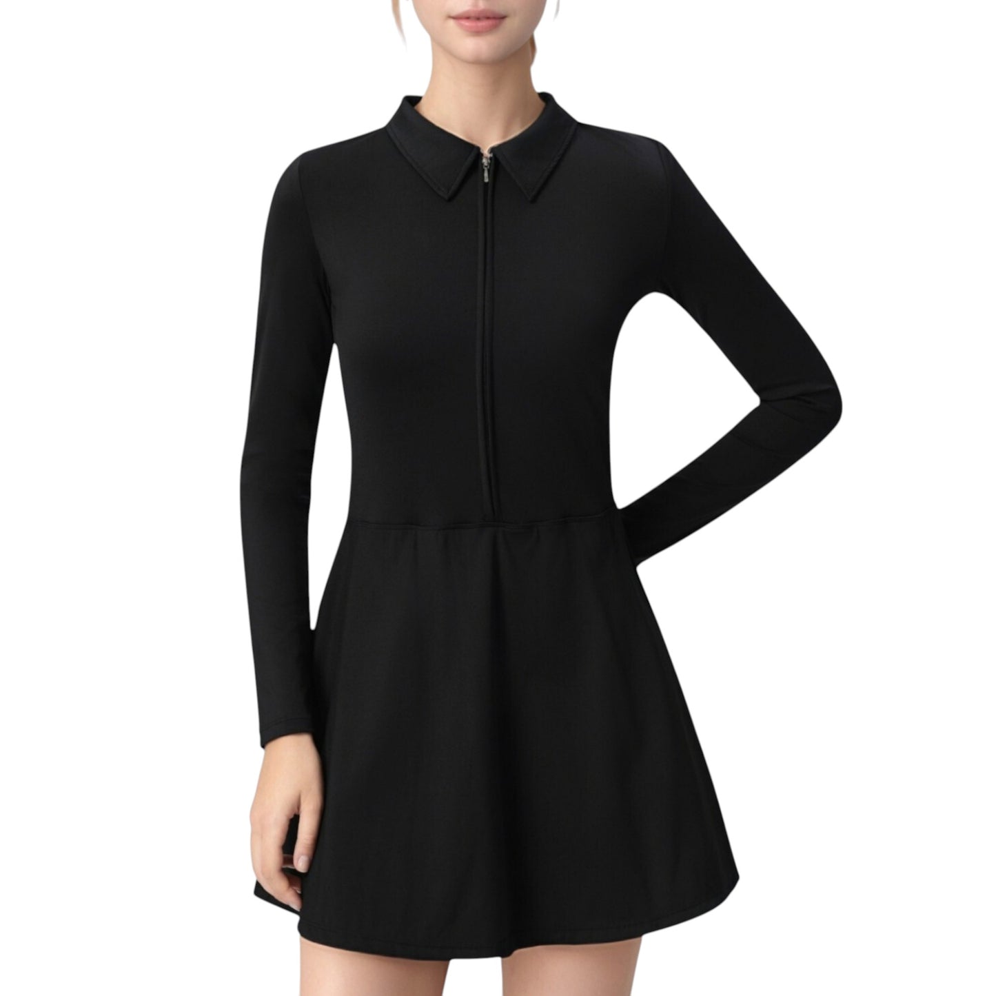 Anna-Kaci Active Women's Long Sleeve Active Dress with Zip Front Closure and Pointed Collar