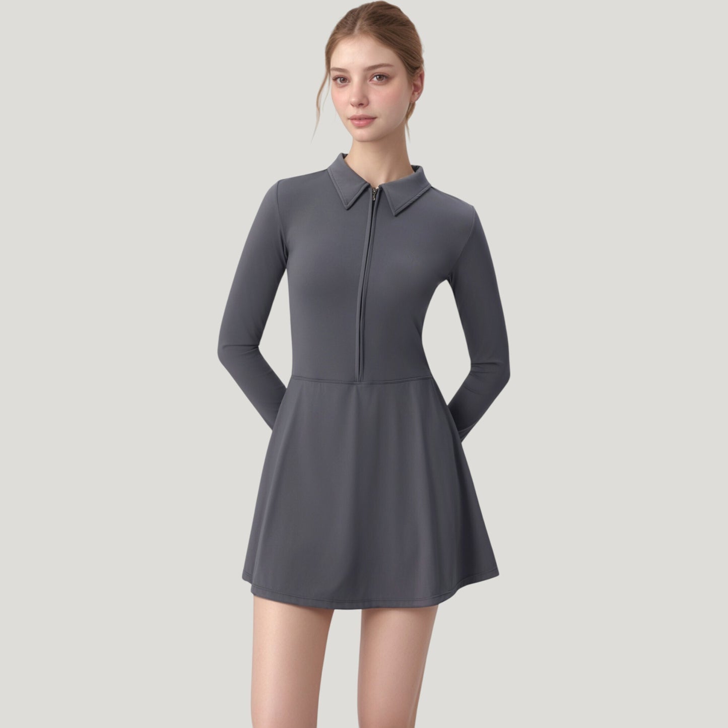 Anna-Kaci Active Women's Long Sleeve Active Dress with Zip Front Closure and Pointed Collar