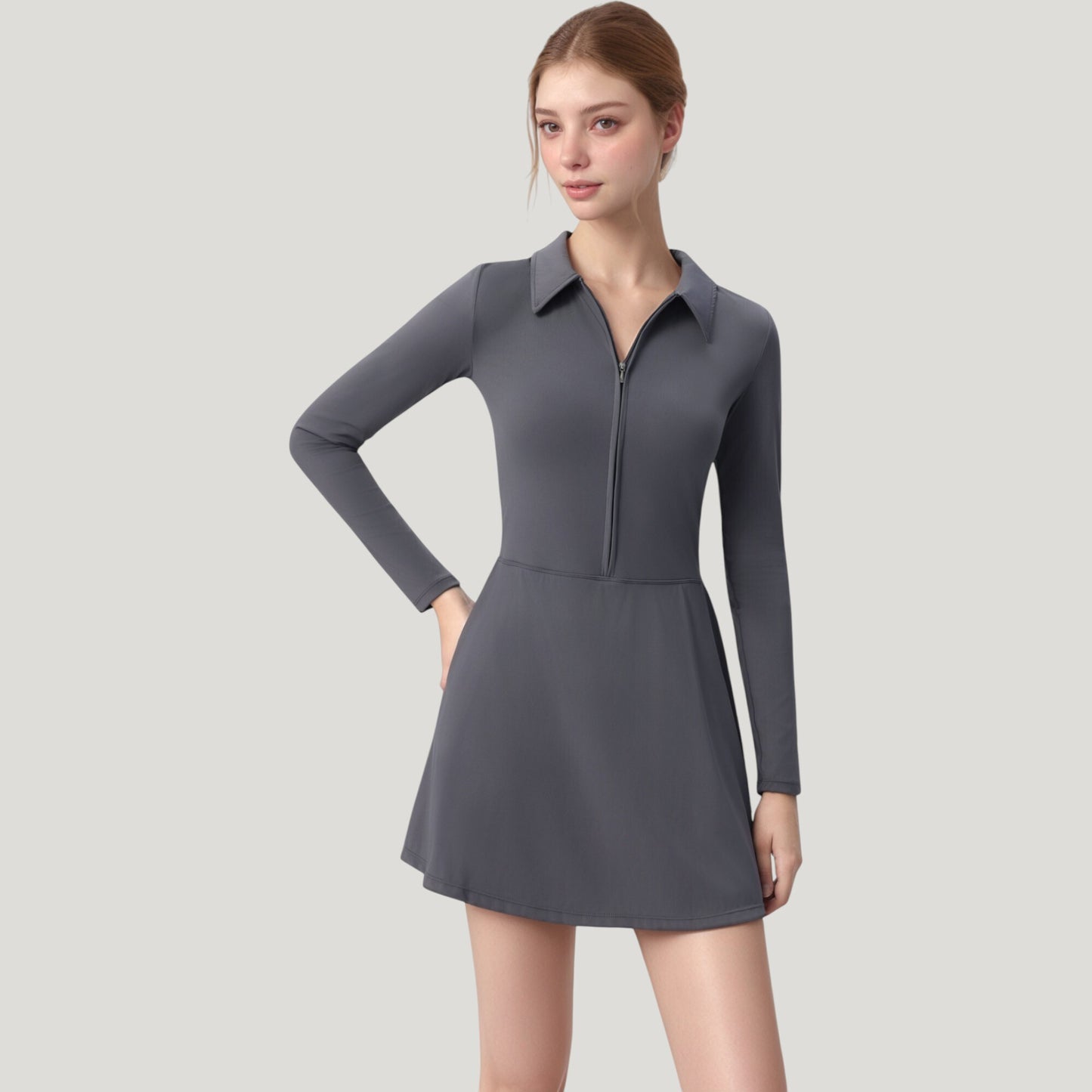Anna-Kaci Active Women's Long Sleeve Active Dress with Zip Front Closure and Pointed Collar