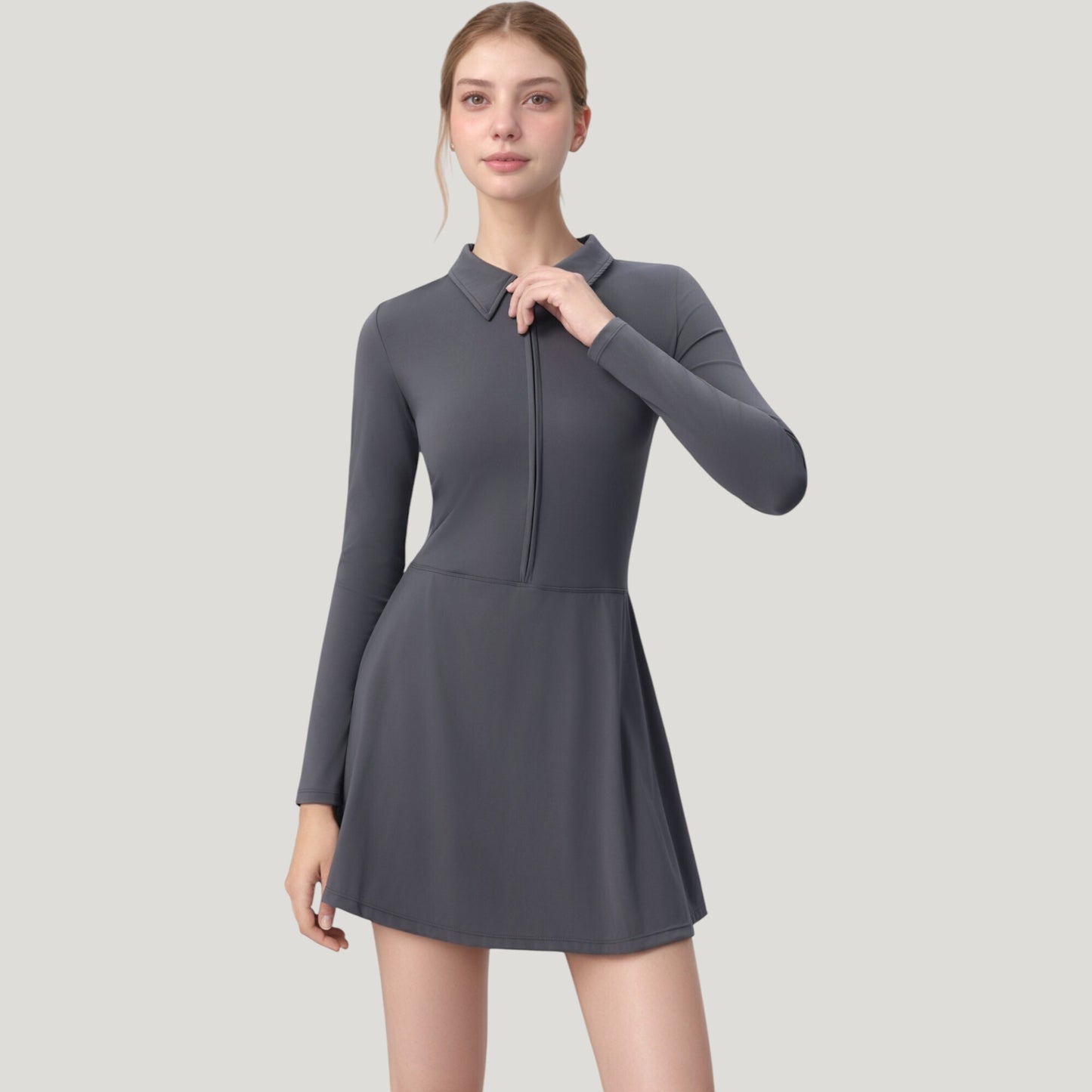 Anna-Kaci Active Women's Long Sleeve Active Dress with Zip Front Closure and Pointed Collar