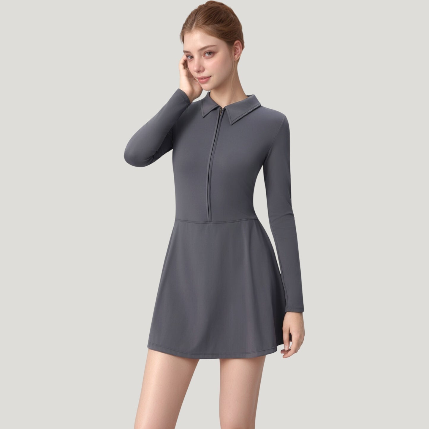 Anna-Kaci Active Women's Long Sleeve Active Dress with Zip Front Closure and Pointed Collar
