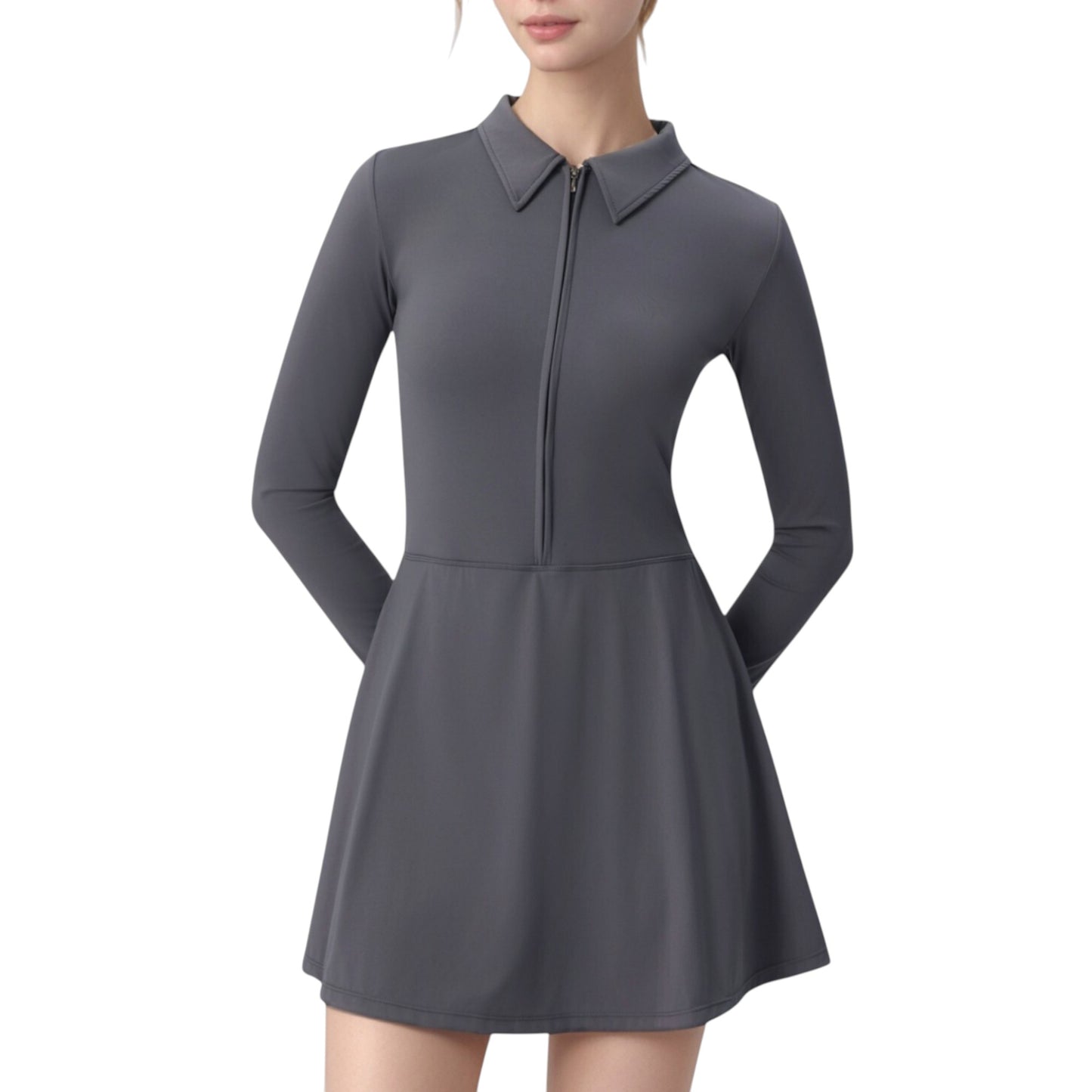 Anna-Kaci Active Women's Long Sleeve Active Dress with Zip Front Closure and Pointed Collar