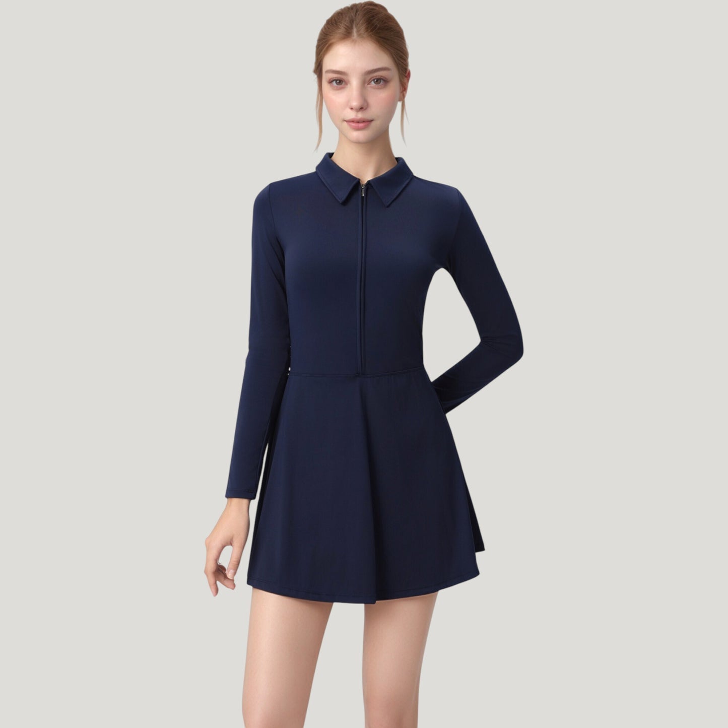 Anna-Kaci Active Women's Long Sleeve Active Dress with Zip Front Closure and Pointed Collar