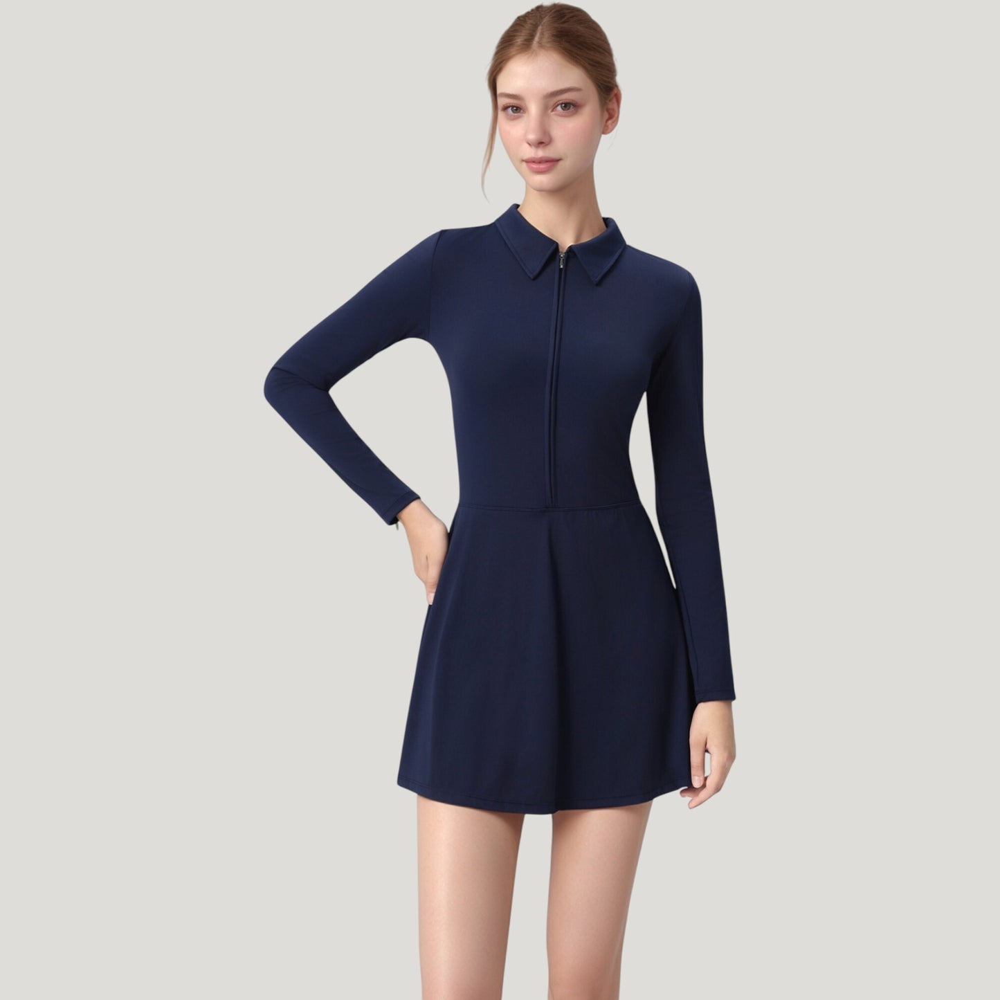 Anna-Kaci Active Women's Long Sleeve Active Dress with Zip Front Closure and Pointed Collar