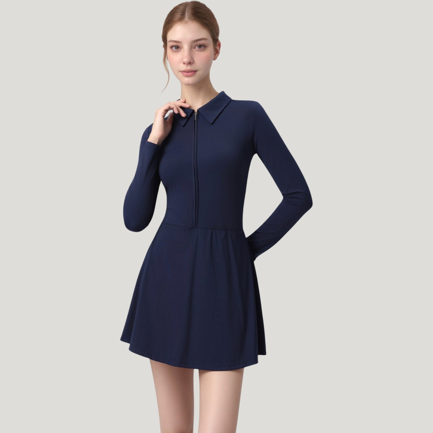 Anna-Kaci Active Women's Long Sleeve Active Dress with Zip Front Closure and Pointed Collar