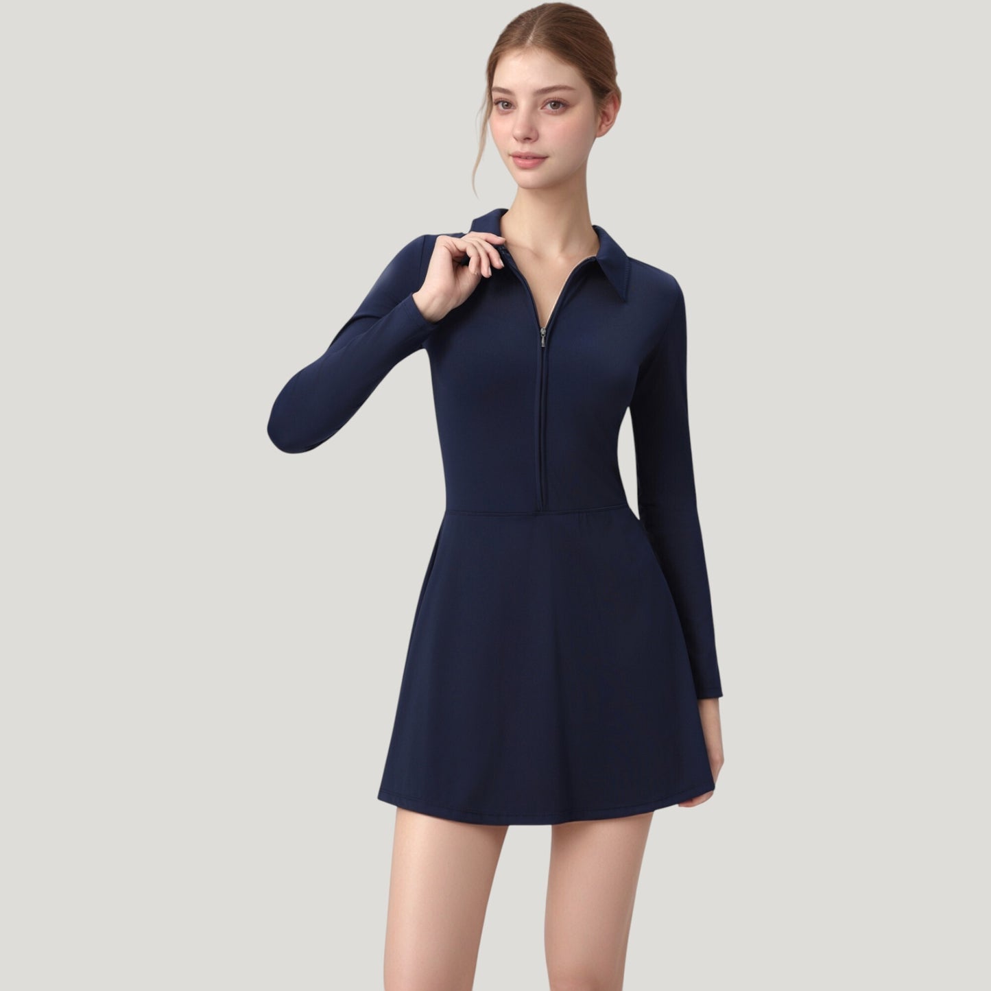 Anna-Kaci Active Women's Long Sleeve Active Dress with Zip Front Closure and Pointed Collar
