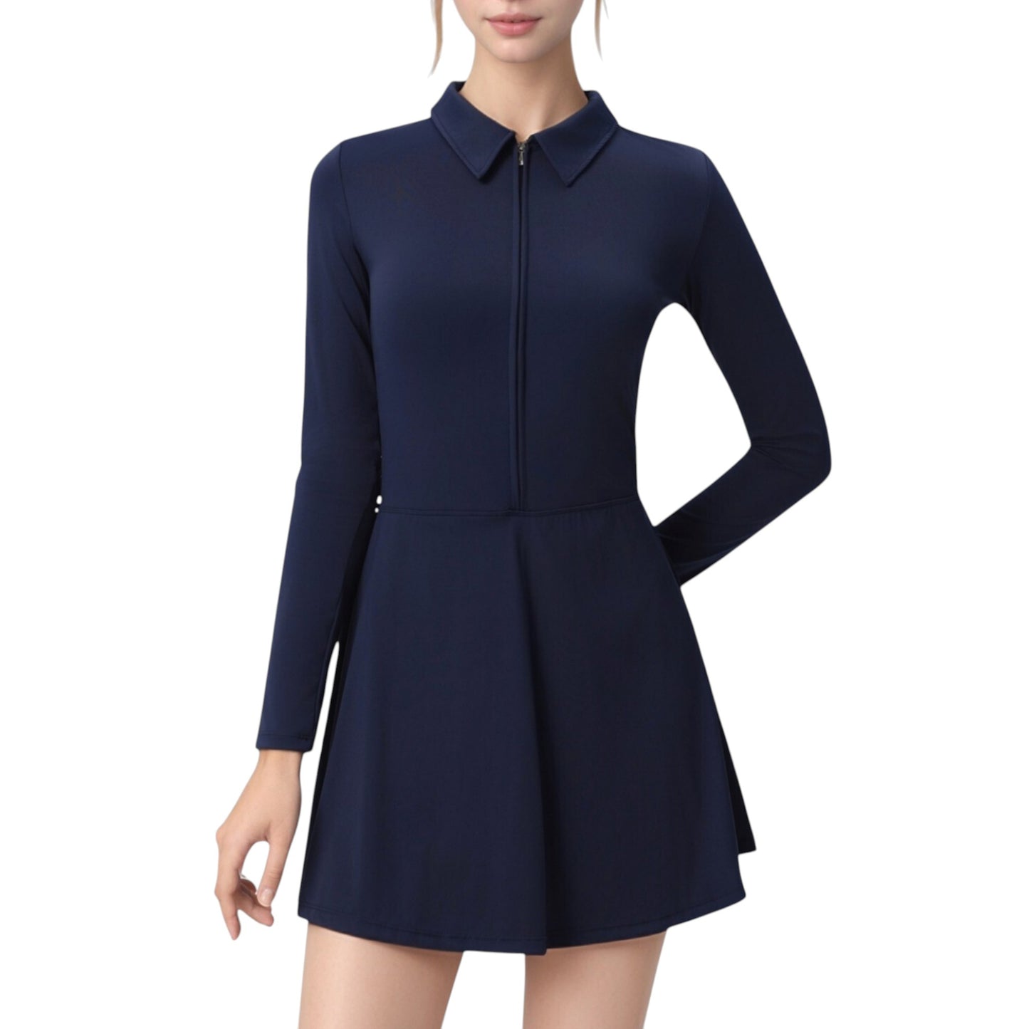 Anna-Kaci Active Women's Long Sleeve Active Dress with Zip Front Closure and Pointed Collar