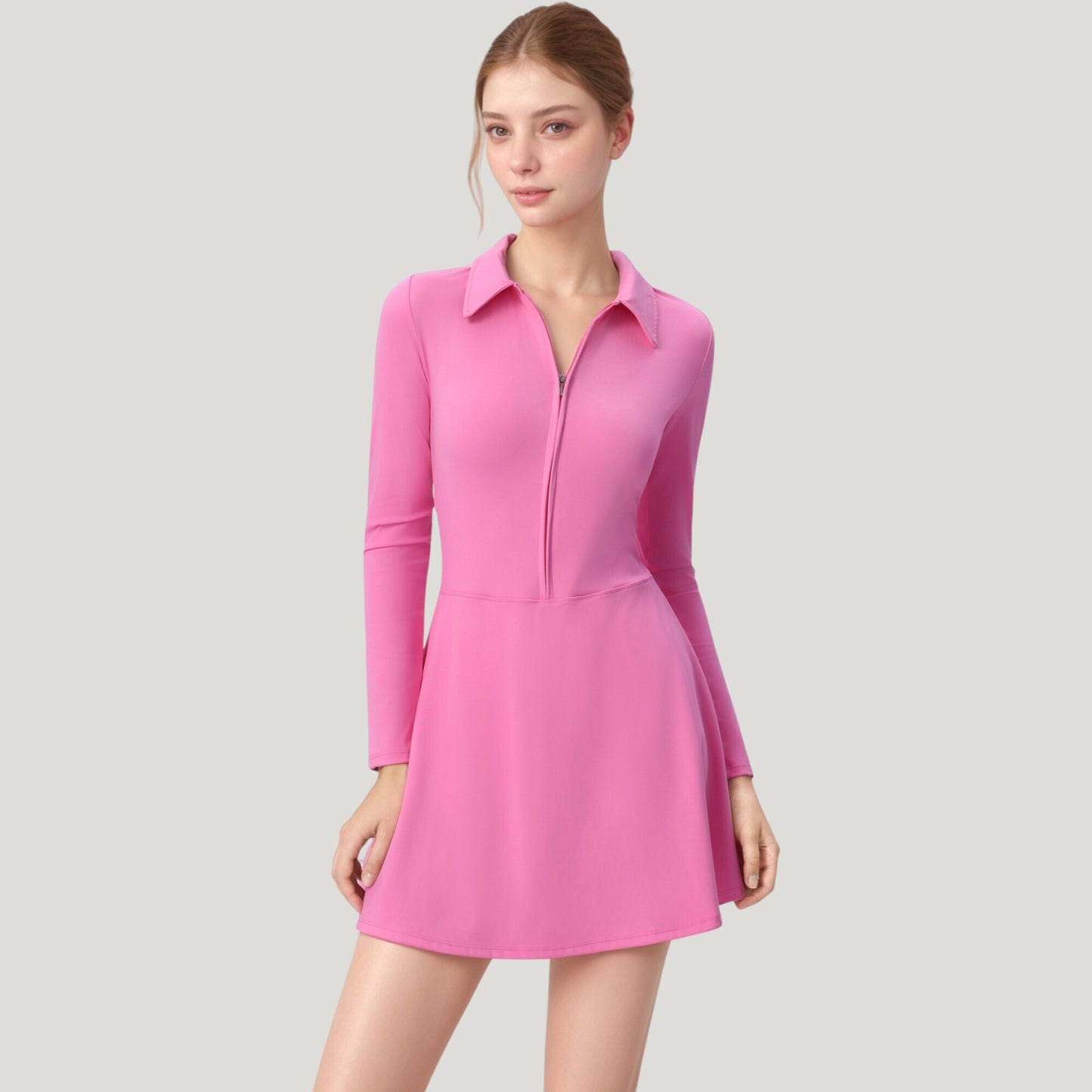 Anna-Kaci Active Women's Long Sleeve Active Dress with Zip Front Closure and Pointed Collar