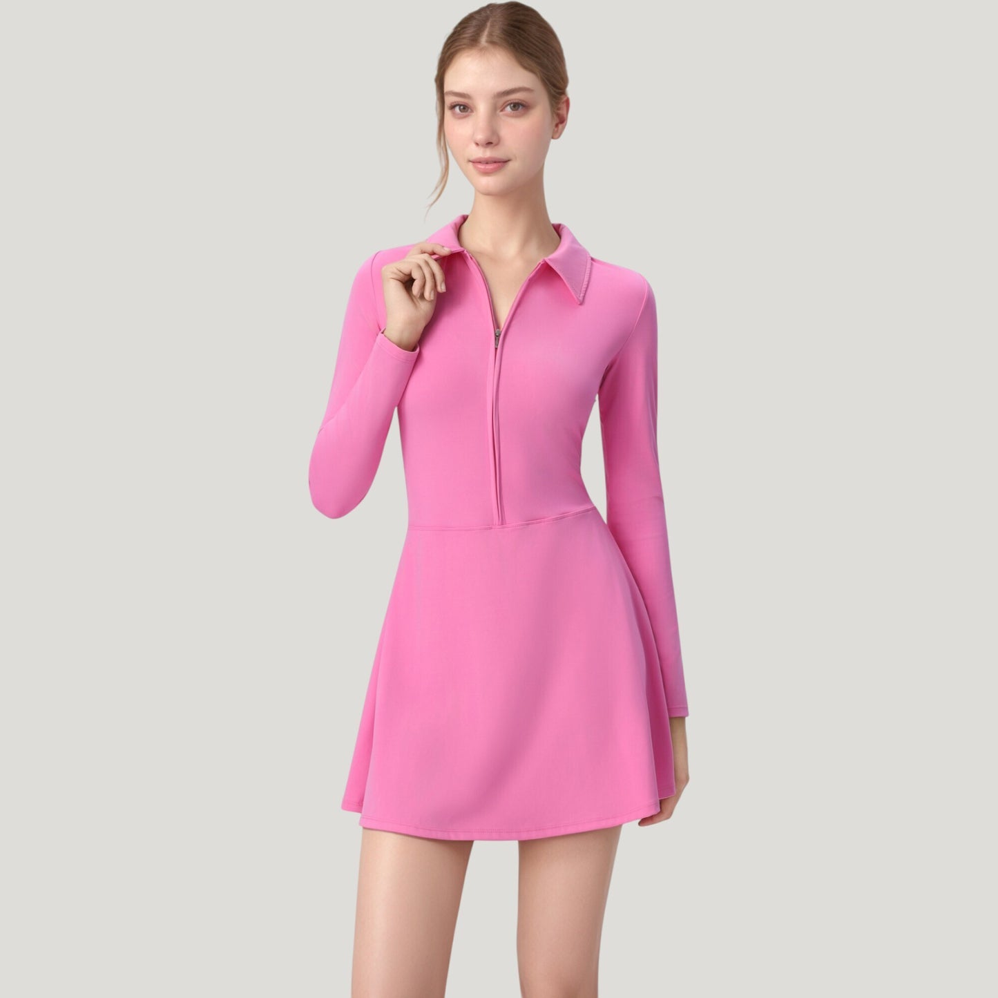 Anna-Kaci Active Women's Long Sleeve Active Dress with Zip Front Closure and Pointed Collar