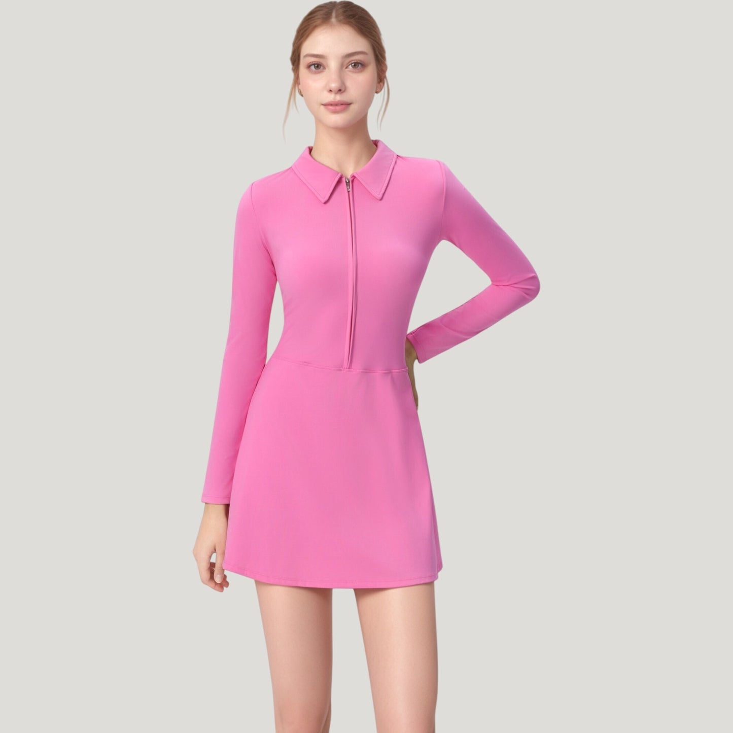 Anna-Kaci Active Women's Long Sleeve Active Dress with Zip Front Closure and Pointed Collar