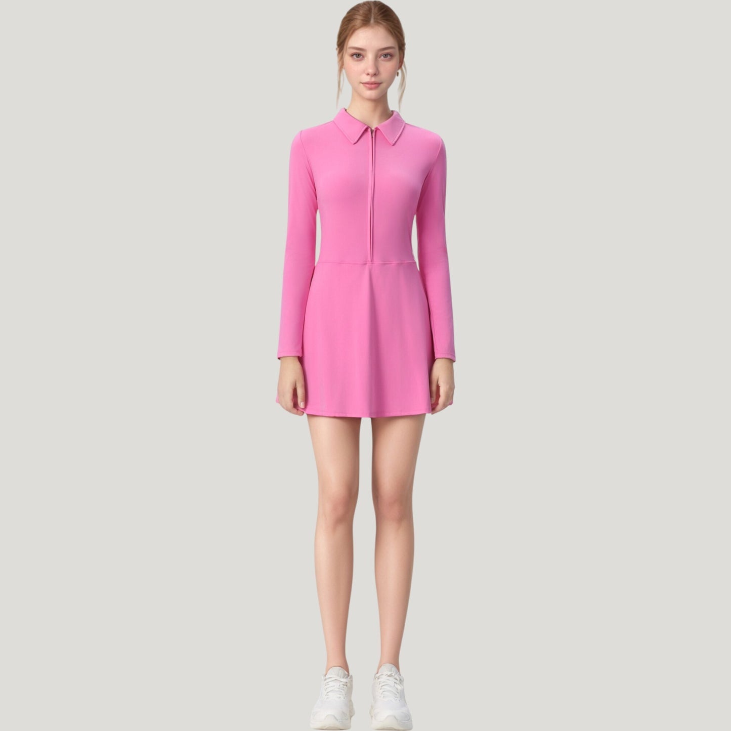 Anna-Kaci Active Women's Long Sleeve Active Dress with Zip Front Closure and Pointed Collar