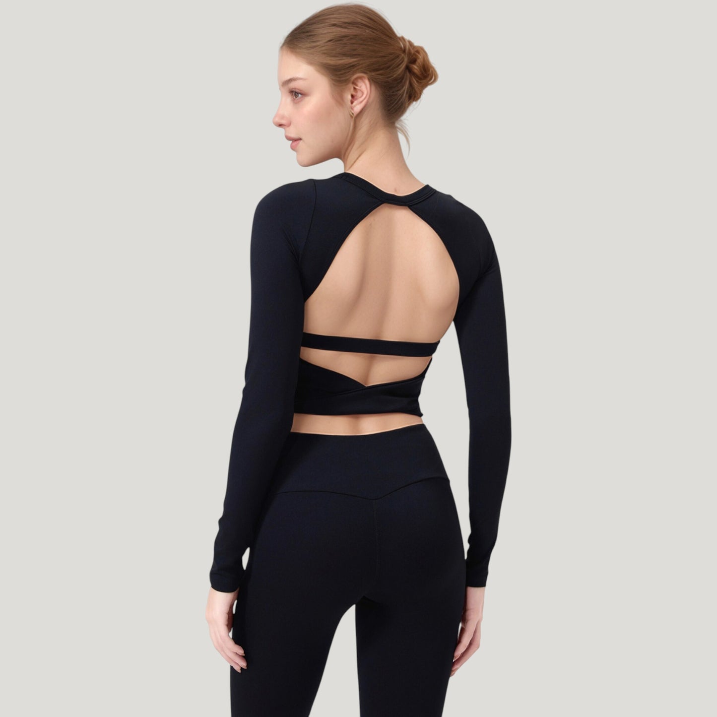 Anna-Kaci Active Women's Long Sleeve Cropped Sports Top with Open Back and Crisscross Strap Detail