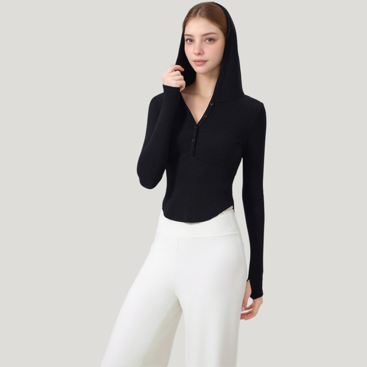 Anna-Kaci Active Women's Long Sleeve Henley Hoodie Activewear Top with Streamlined Fit and Lightweight Stretch Fabric